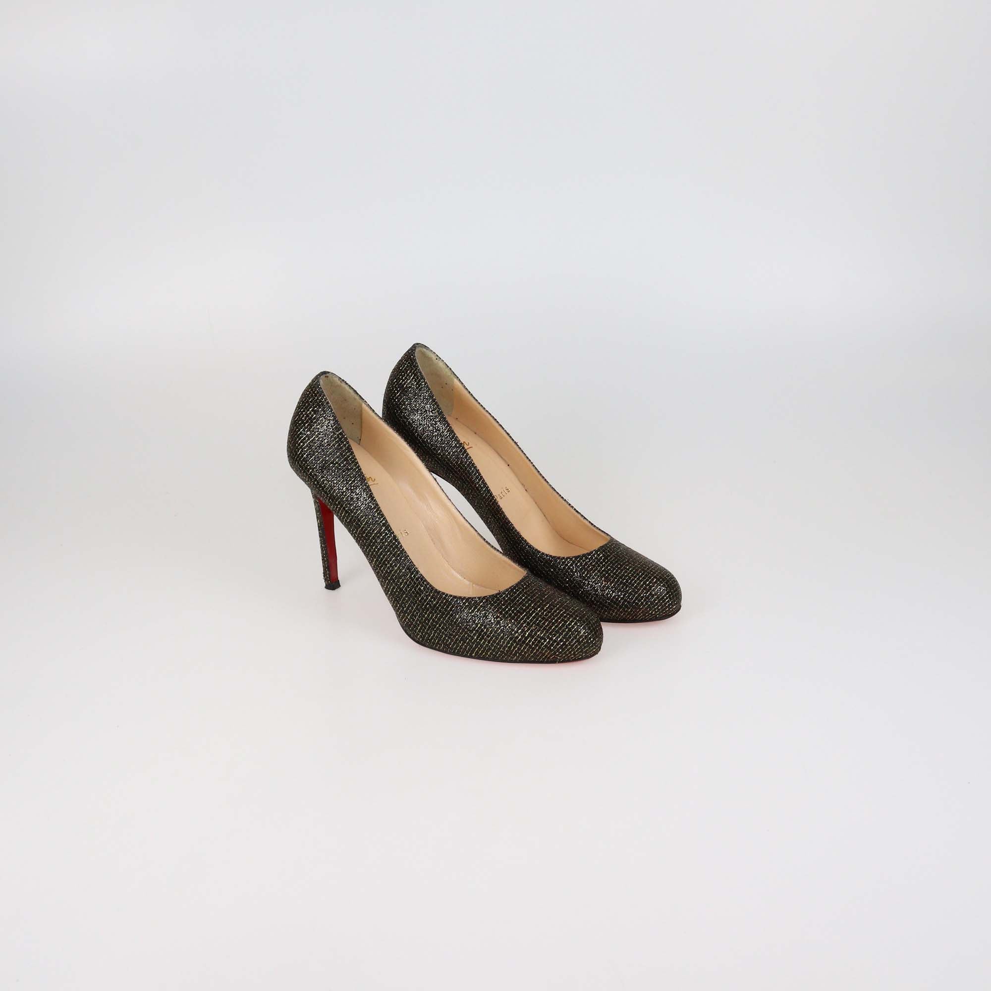 Christian Louboutin Gold/Black Glitter Fabric Round Toe Pumps