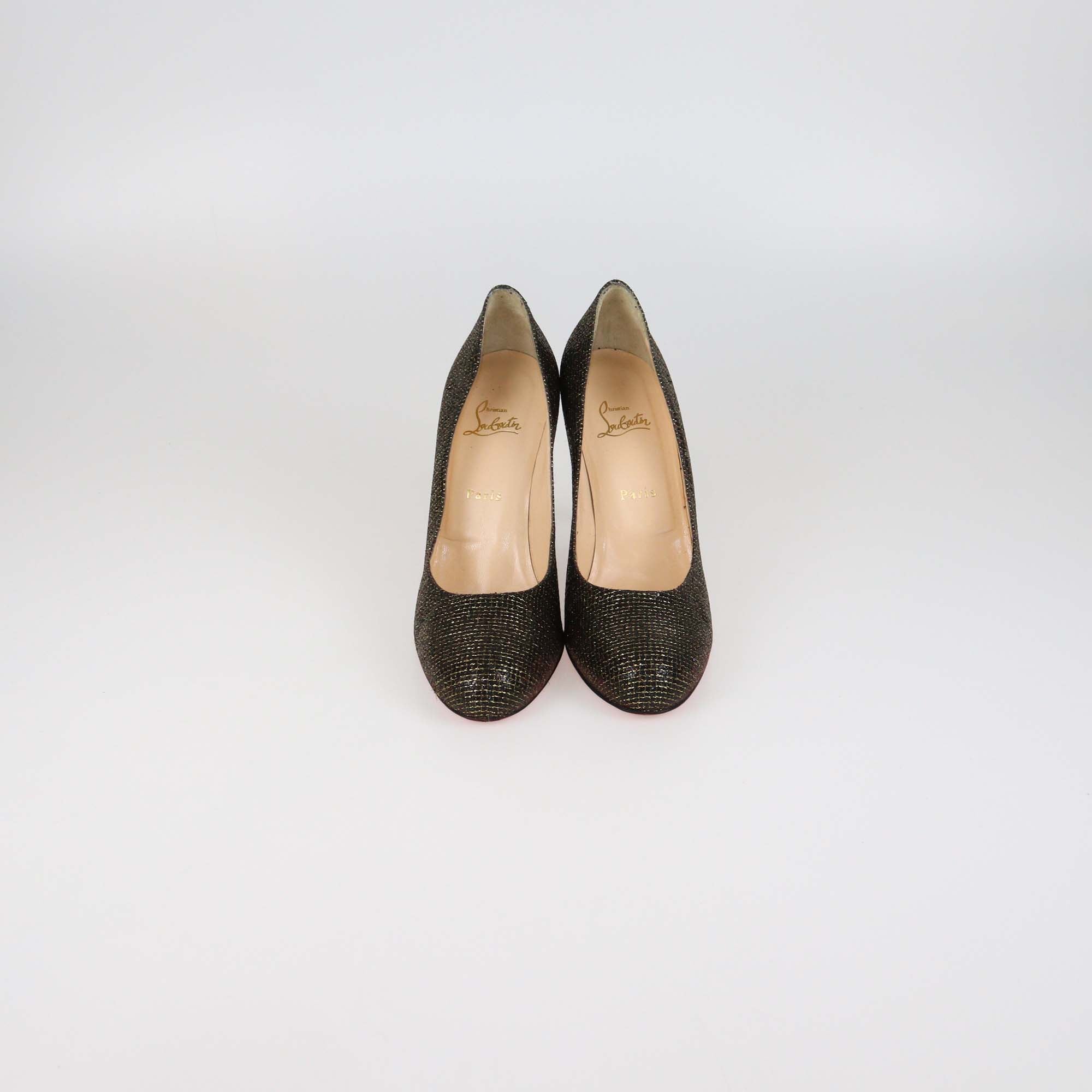 Christian Louboutin Gold/Black Glitter Fabric Round Toe Pumps