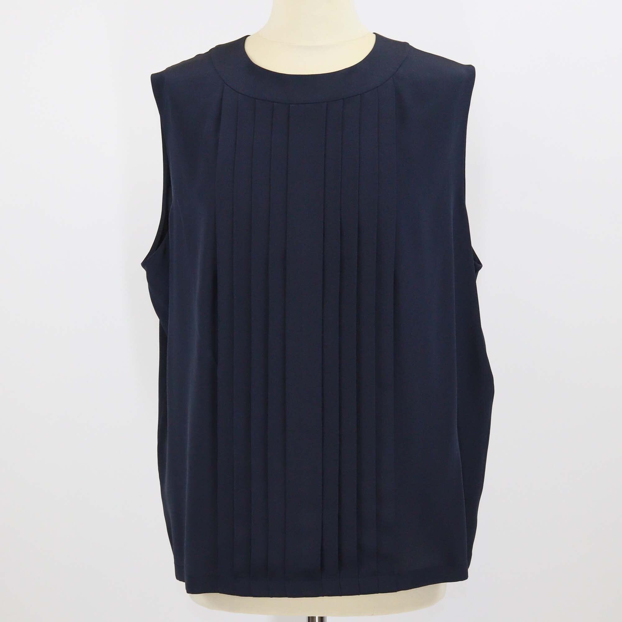 Chanel Navy Blue Silk Pleated Sleeveless Blouse Womens Chanel 