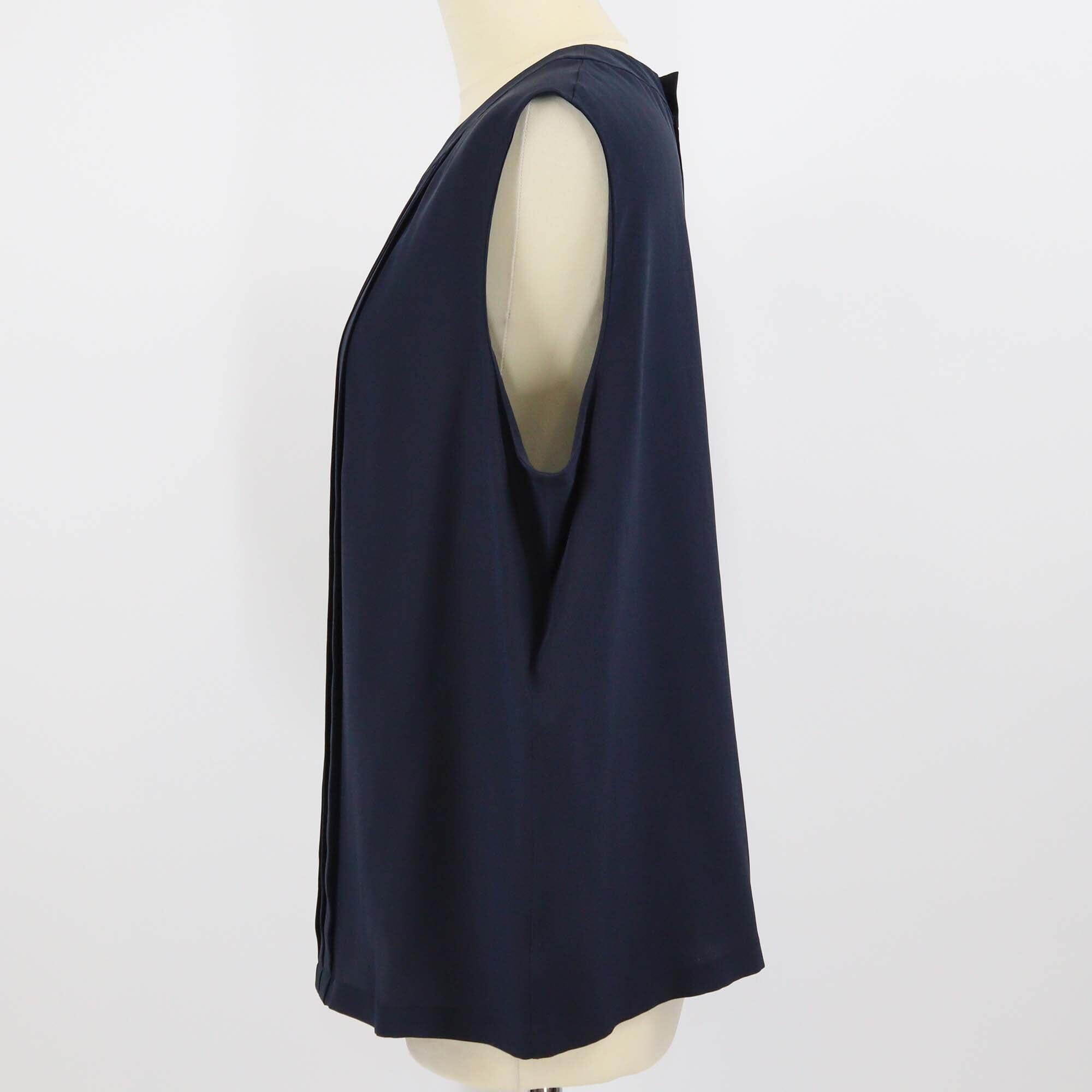 Chanel Navy Blue Silk Pleated Sleeveless Blouse Womens Chanel 