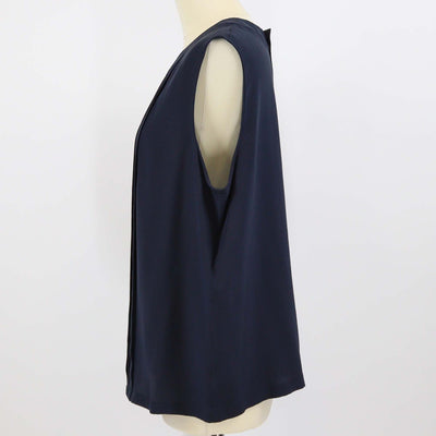 Chanel Navy Blue Silk Pleated Sleeveless Blouse Womens Chanel 
