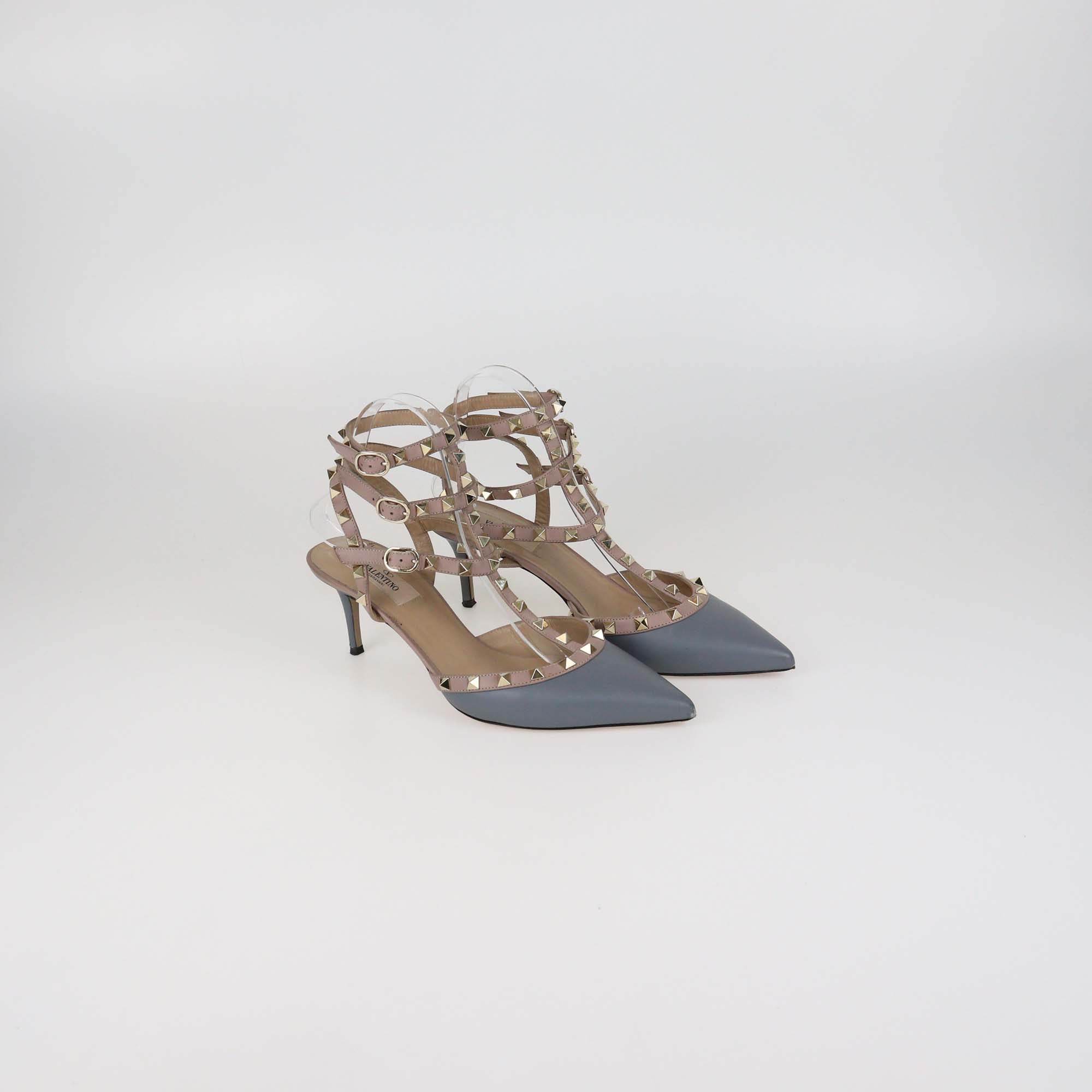Valentino Grey/Old Rose Leather Rockstud Ankle Strap Pumps