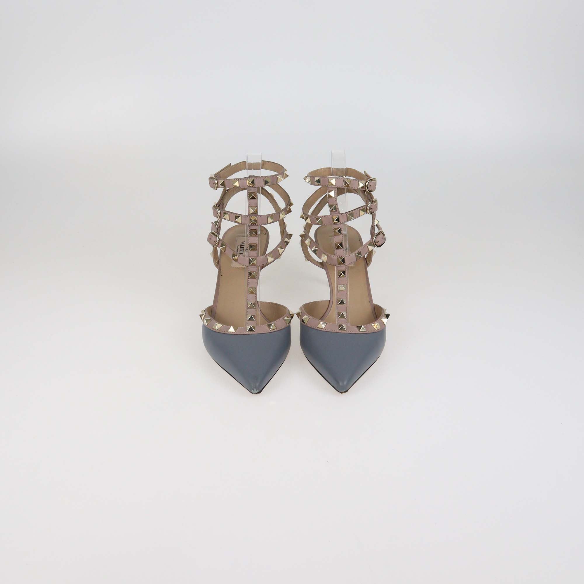 Valentino Grey/Old Rose Leather Rockstud Ankle Strap Pumps