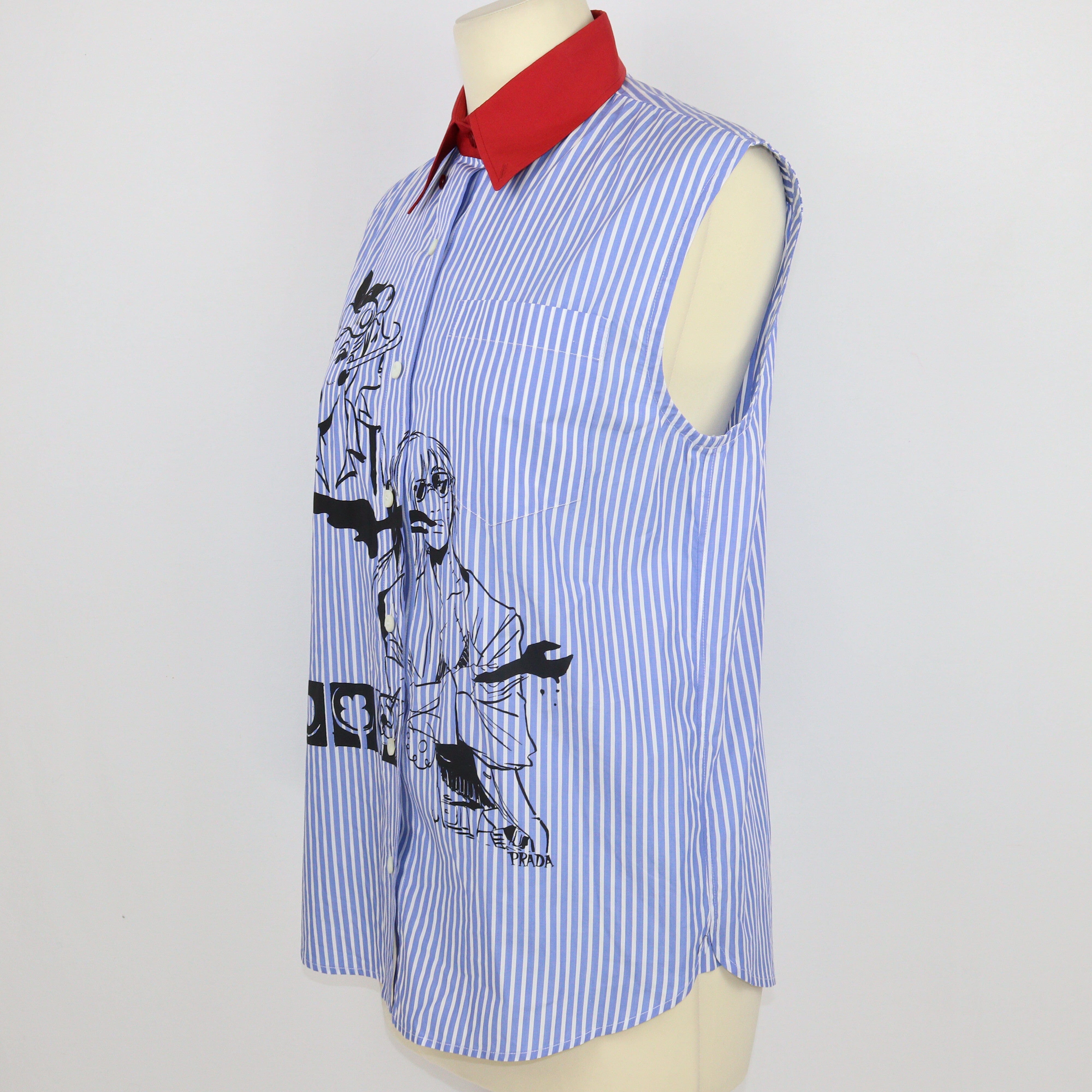 Blue/White Striped Button-Up Short Sleeve Top Women's Clothing Prada 
