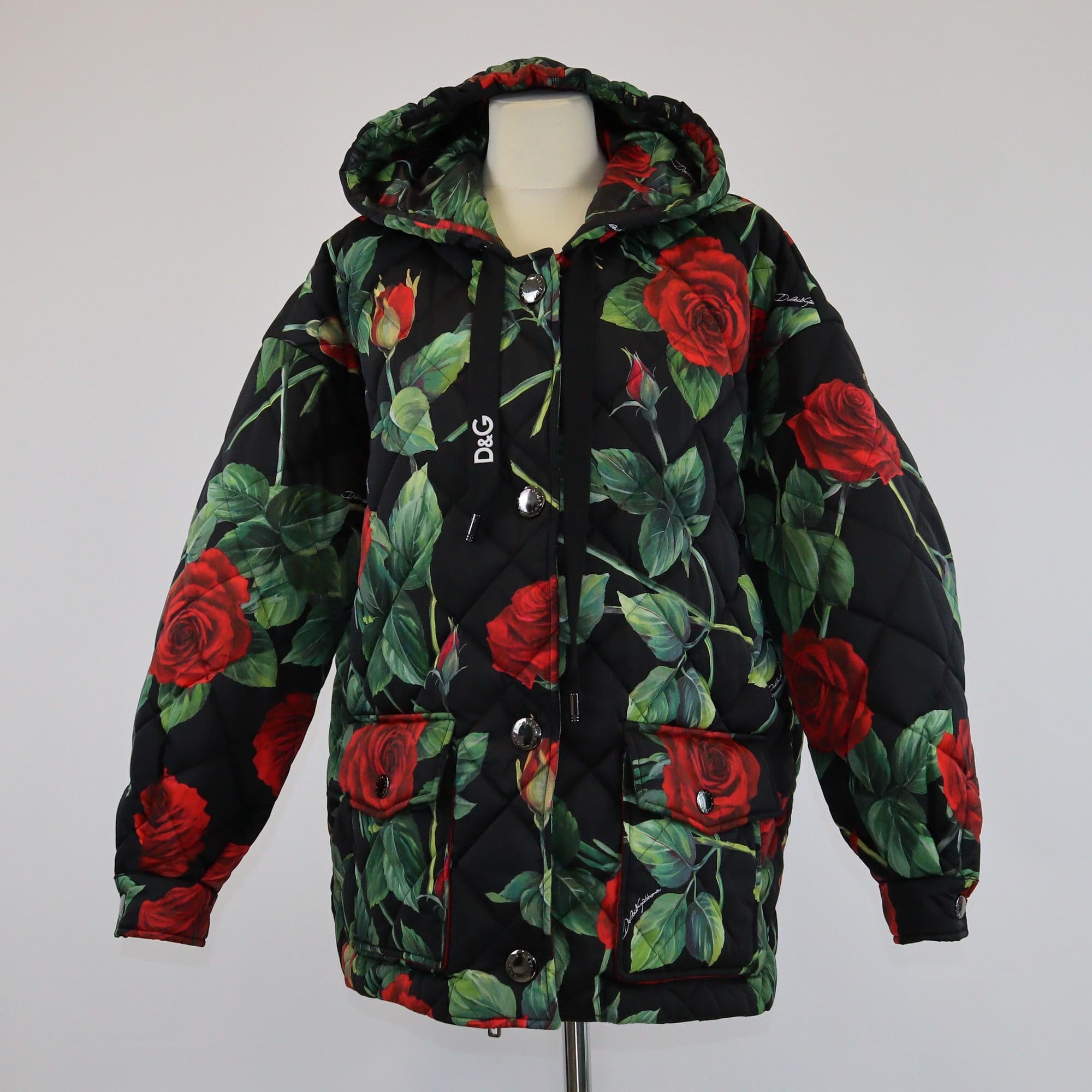 Dolce & Gabbana Black/Multicolor Quilted Rose Print Padded Hoodie Jacket Womens Dolce & Gabbana 