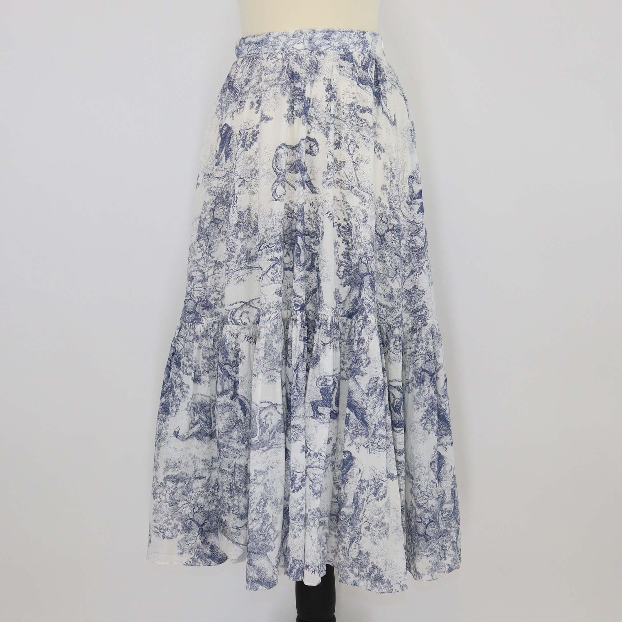 Christian Dior Navy Blue Toile De Jouy Printed Cotton Flared Skirt