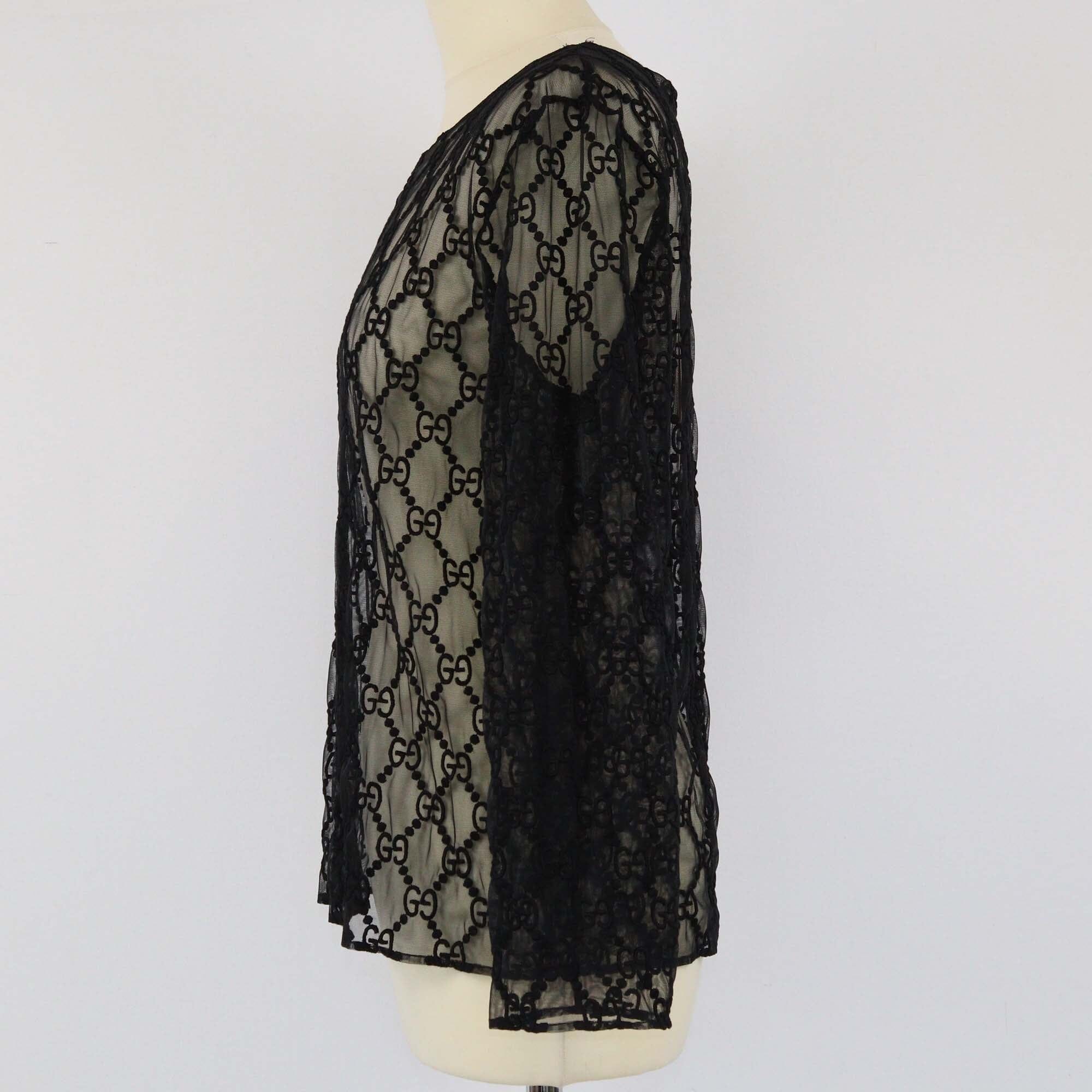 Embroidered GG selling tule long sleeves shirt in black