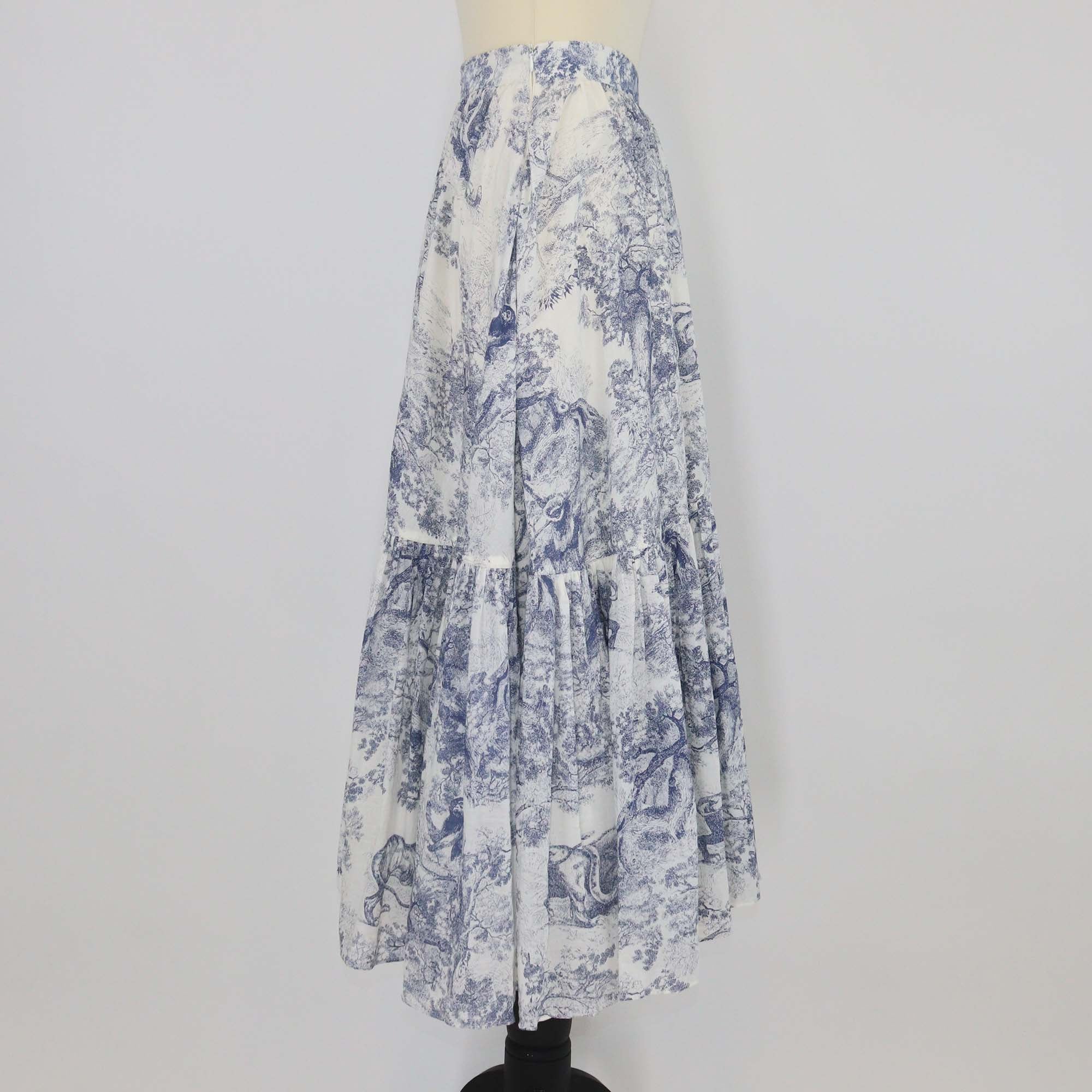 Christian Dior Navy Blue Toile De Jouy Printed Cotton Flared Skirt