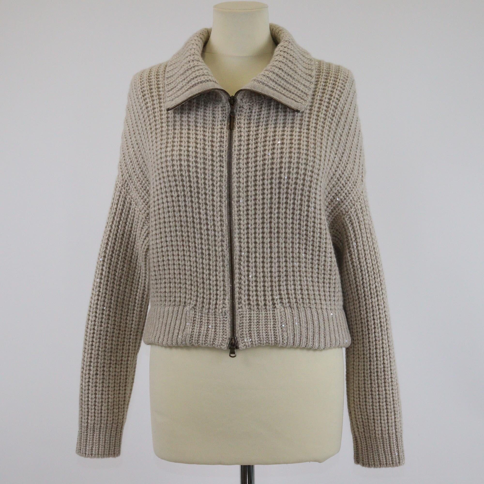 Brunello Cucinelli Beige Rib Knit Zip Detailed Stand Collar Sweater Womens Brunello Cucinelli 