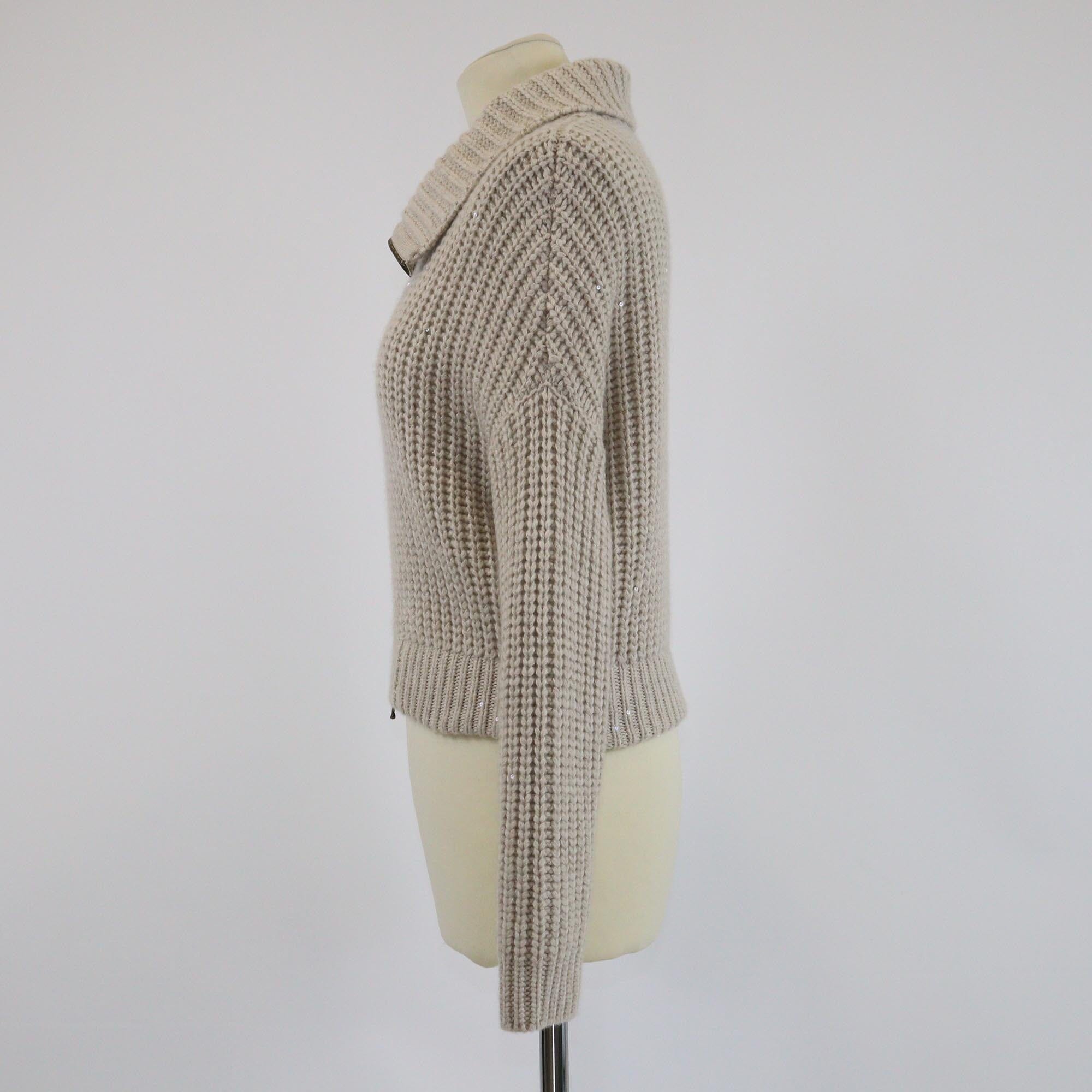 Brunello Cucinelli Beige Rib Knit Zip Detailed Stand Collar Sweater Womens Brunello Cucinelli 