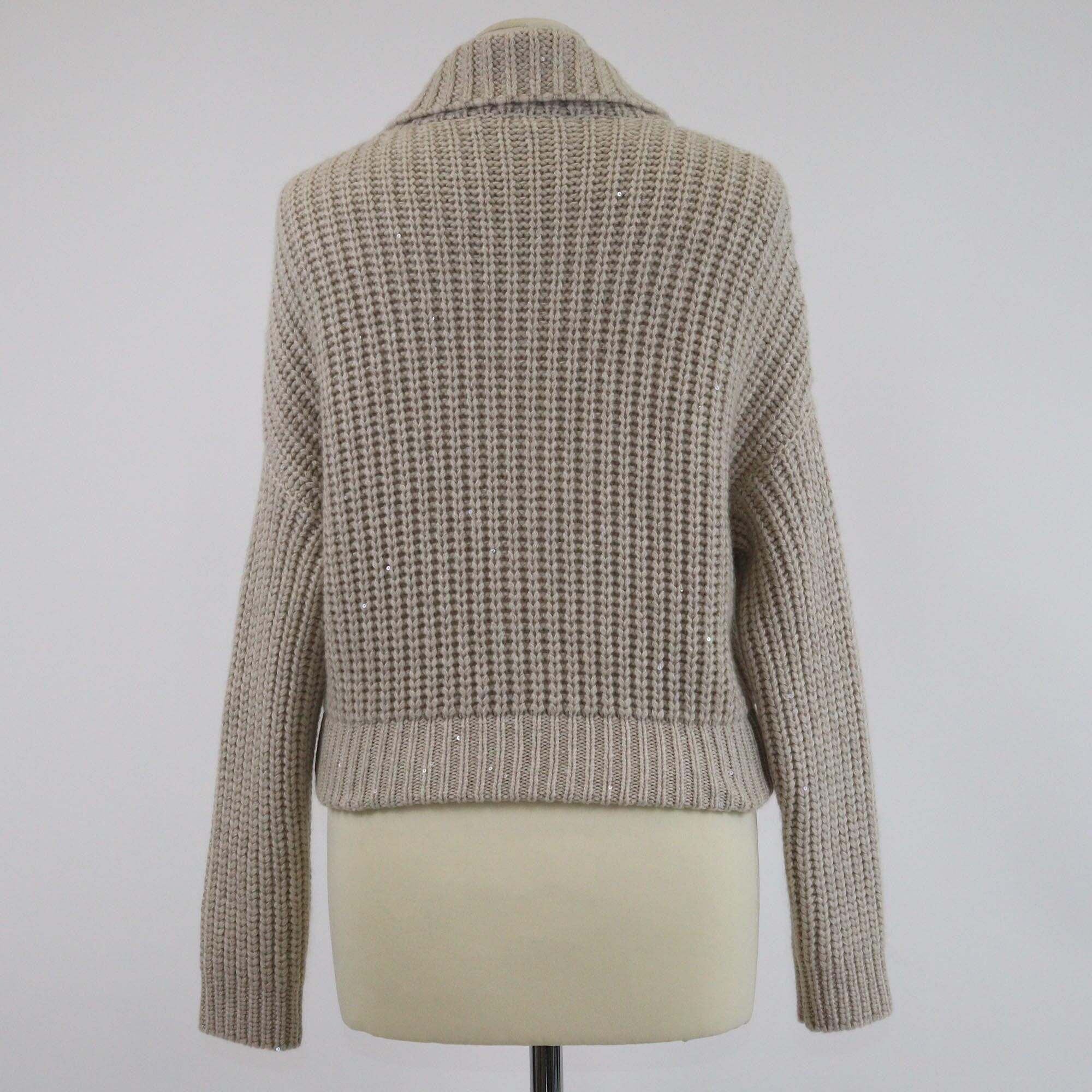 Brunello Cucinelli Beige Rib Knit Zip Detailed Stand Collar Sweater Womens Brunello Cucinelli 