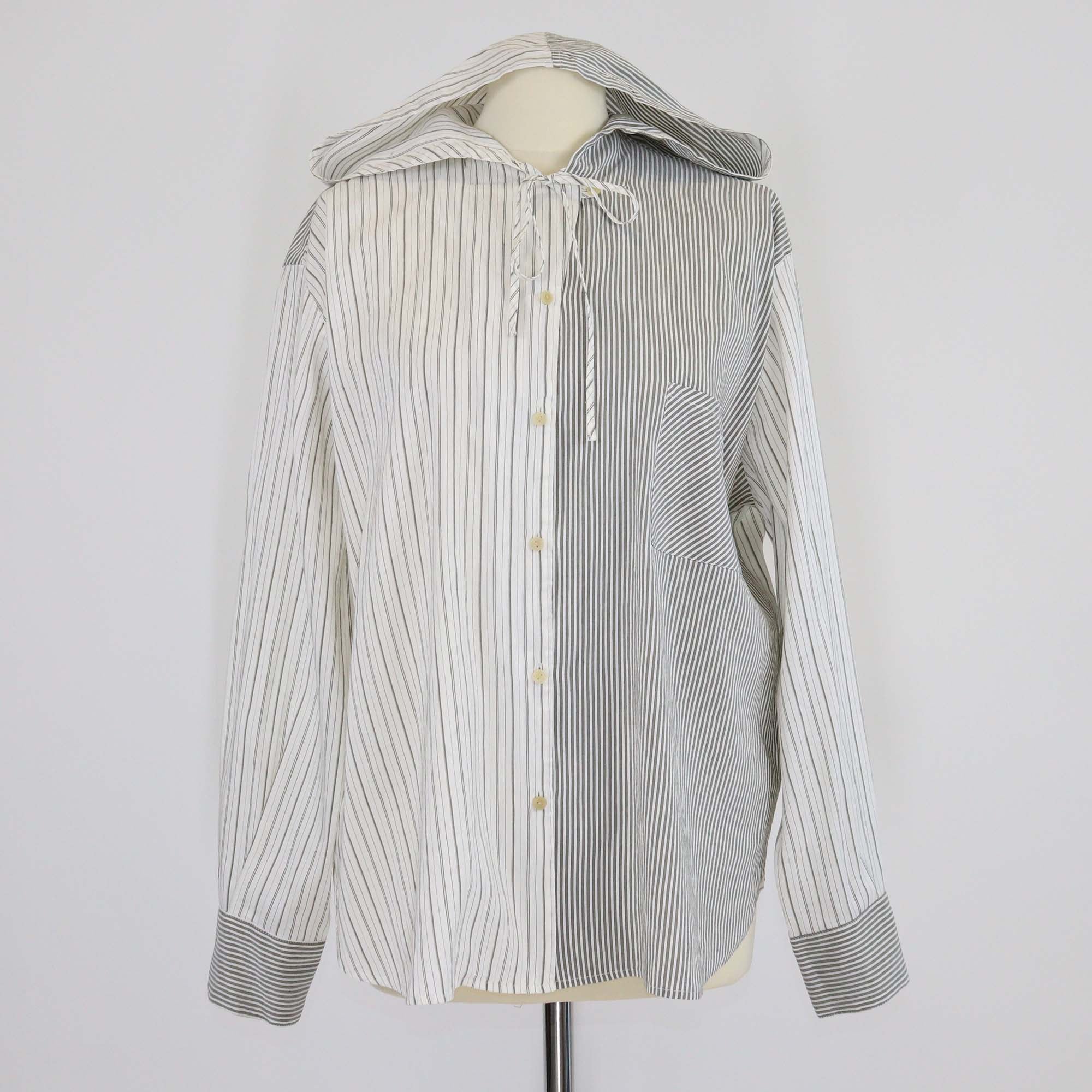 Loewe White/Grey Silk Blended Hooded Long Sleeve Shirt
