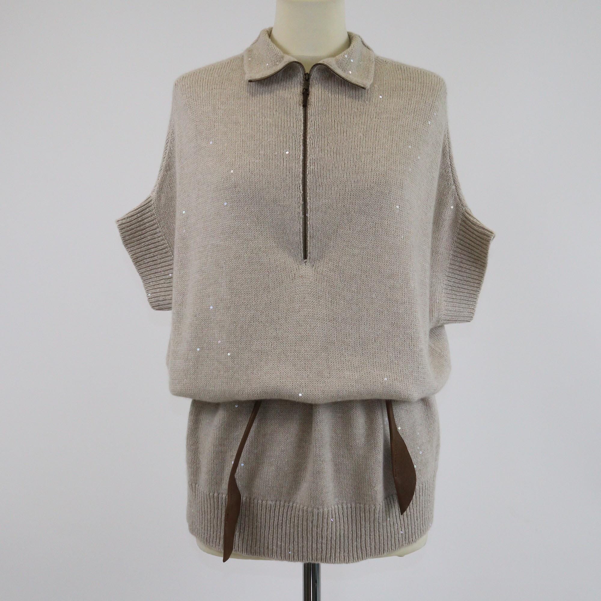 Brunello Cucinelli Light Beige Sequins Zip-Up Turtleneck Sweater Womens Brunello Cucinelli 