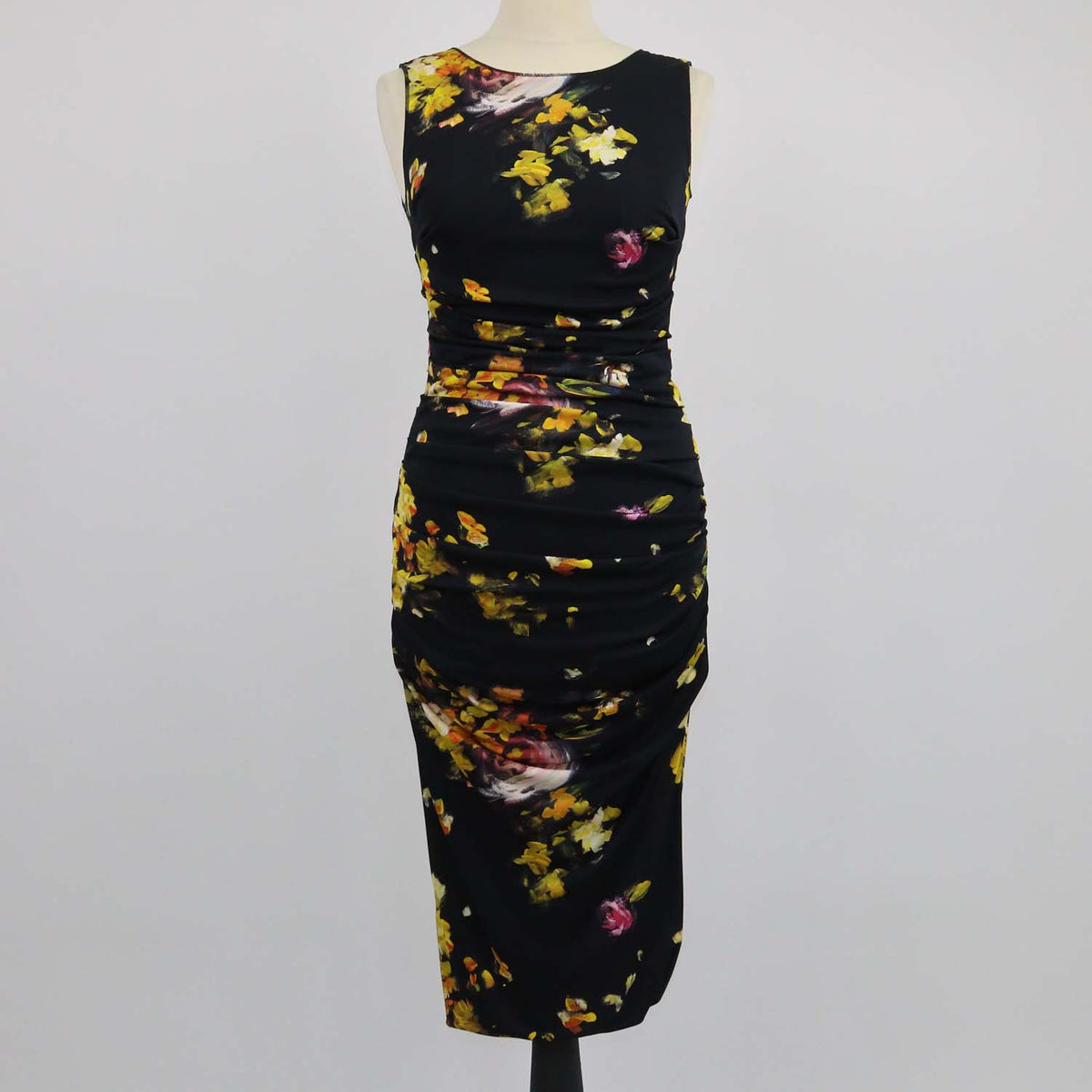 Dolce & Gabbana Black,Multicolor Viscose Floral Print Sleeveless Gathered Dress