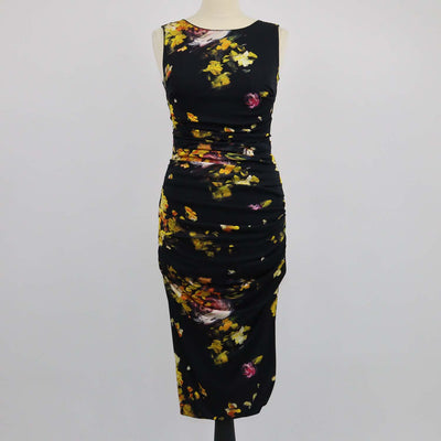 Dolce & Gabbana Black,Multicolor Viscose Floral Print Sleeveless Gathered Dress