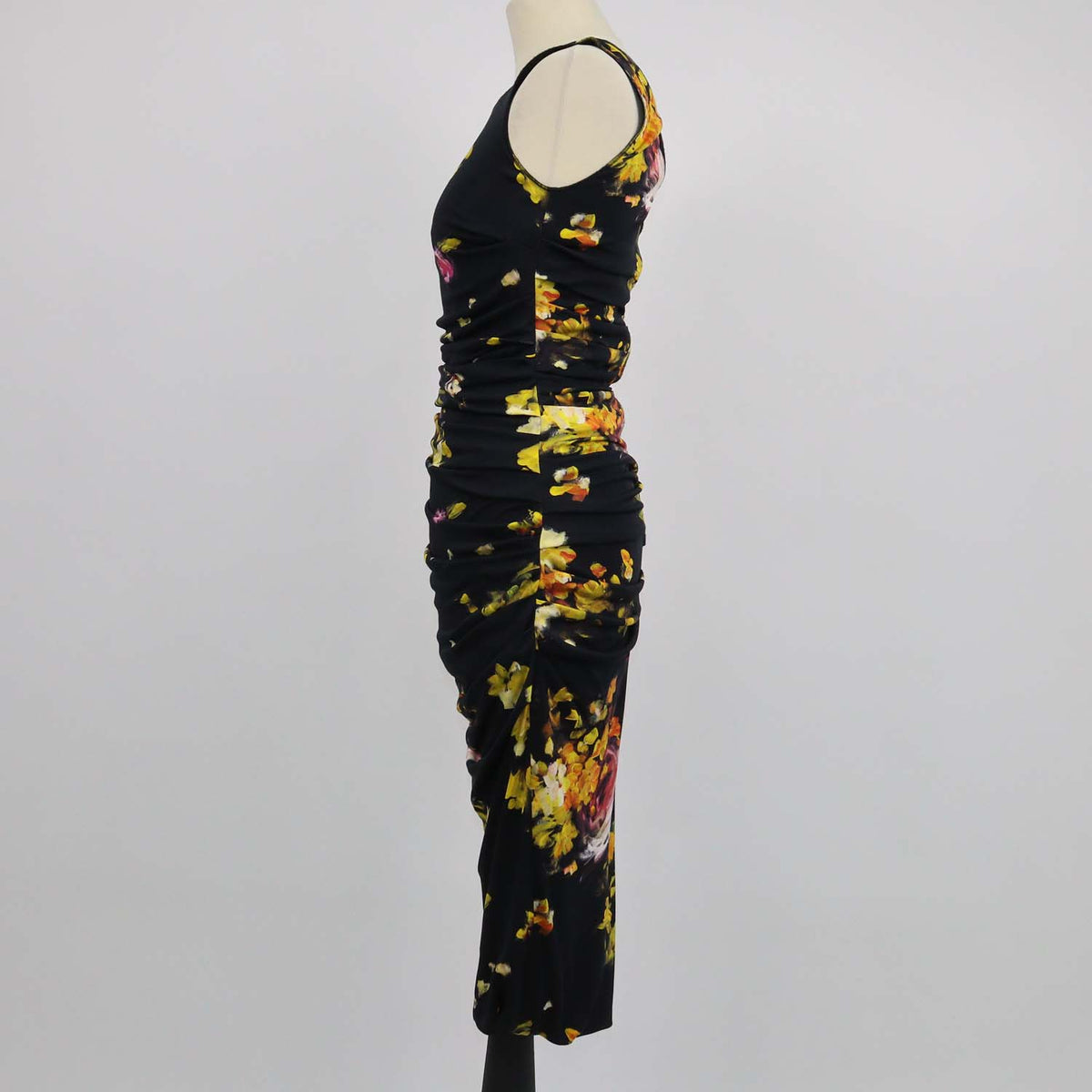 Dolce & Gabbana Black,Multicolor Viscose Floral Print Sleeveless Gathered Dress