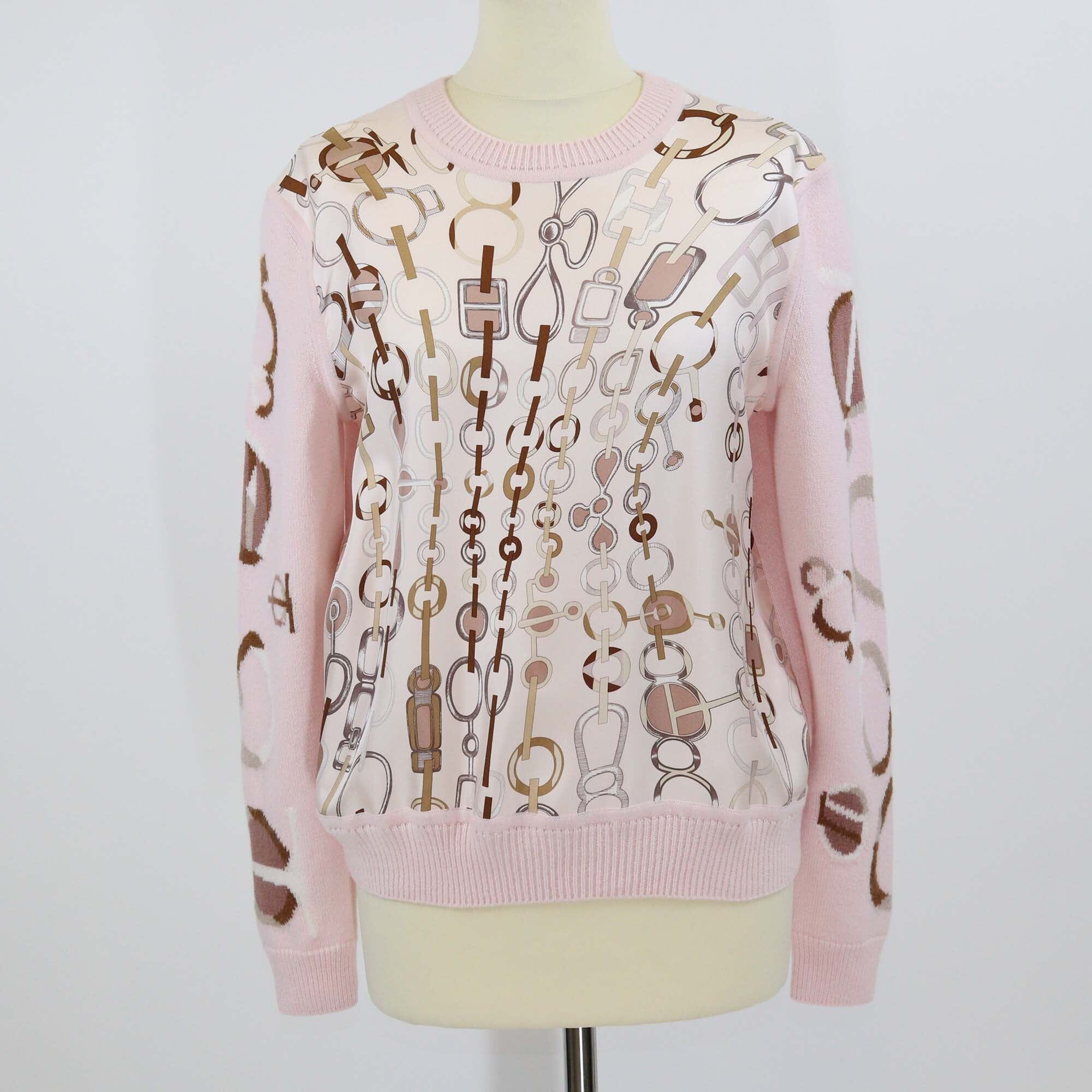 Hermes Pink Silk and Cashmere Knit Do Re Boucles Print Crewneck Sweatshirt Womens Hermes 
