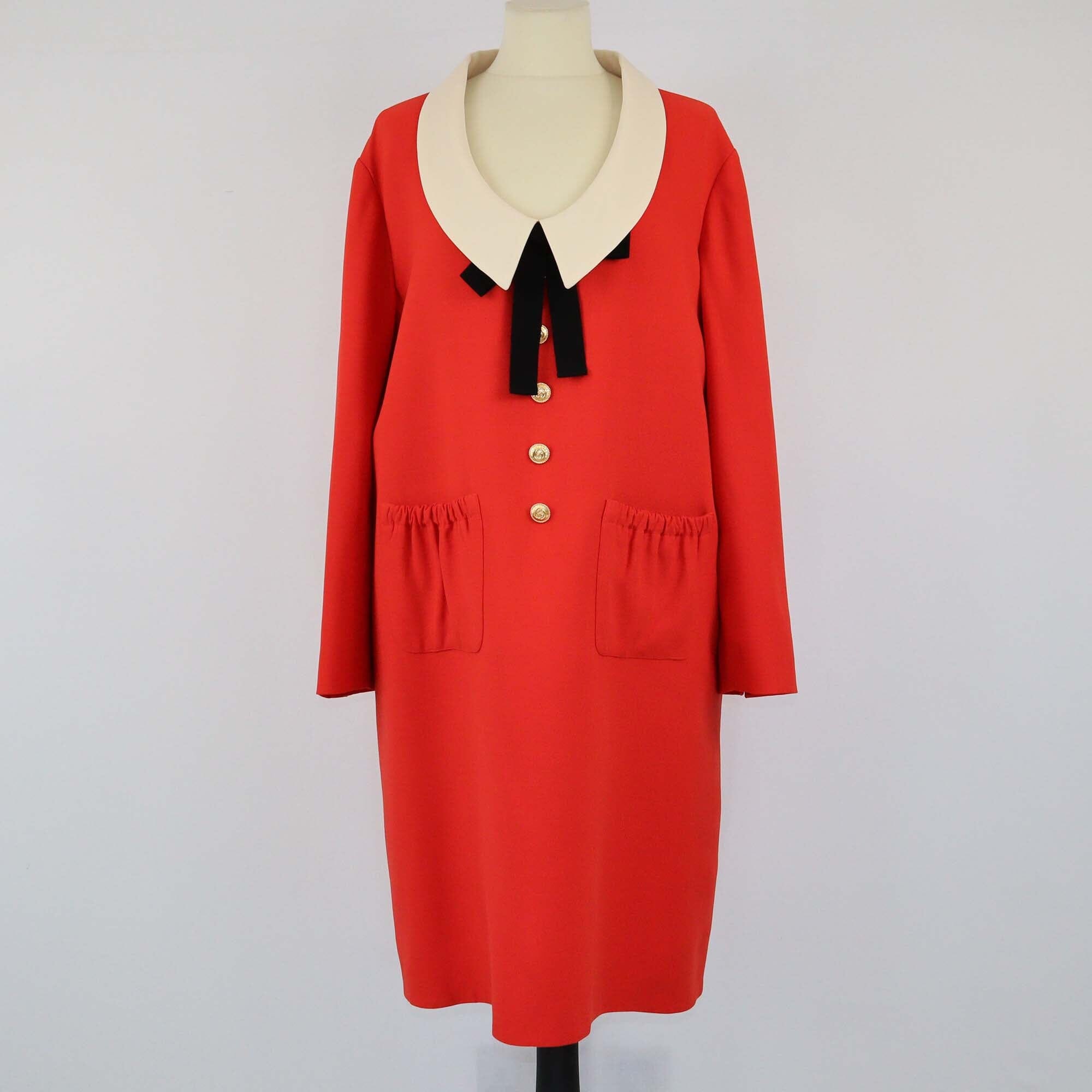 Gucci Red/Cream Collar Interlocking G Button Front Midi Dress Womens Gucci 