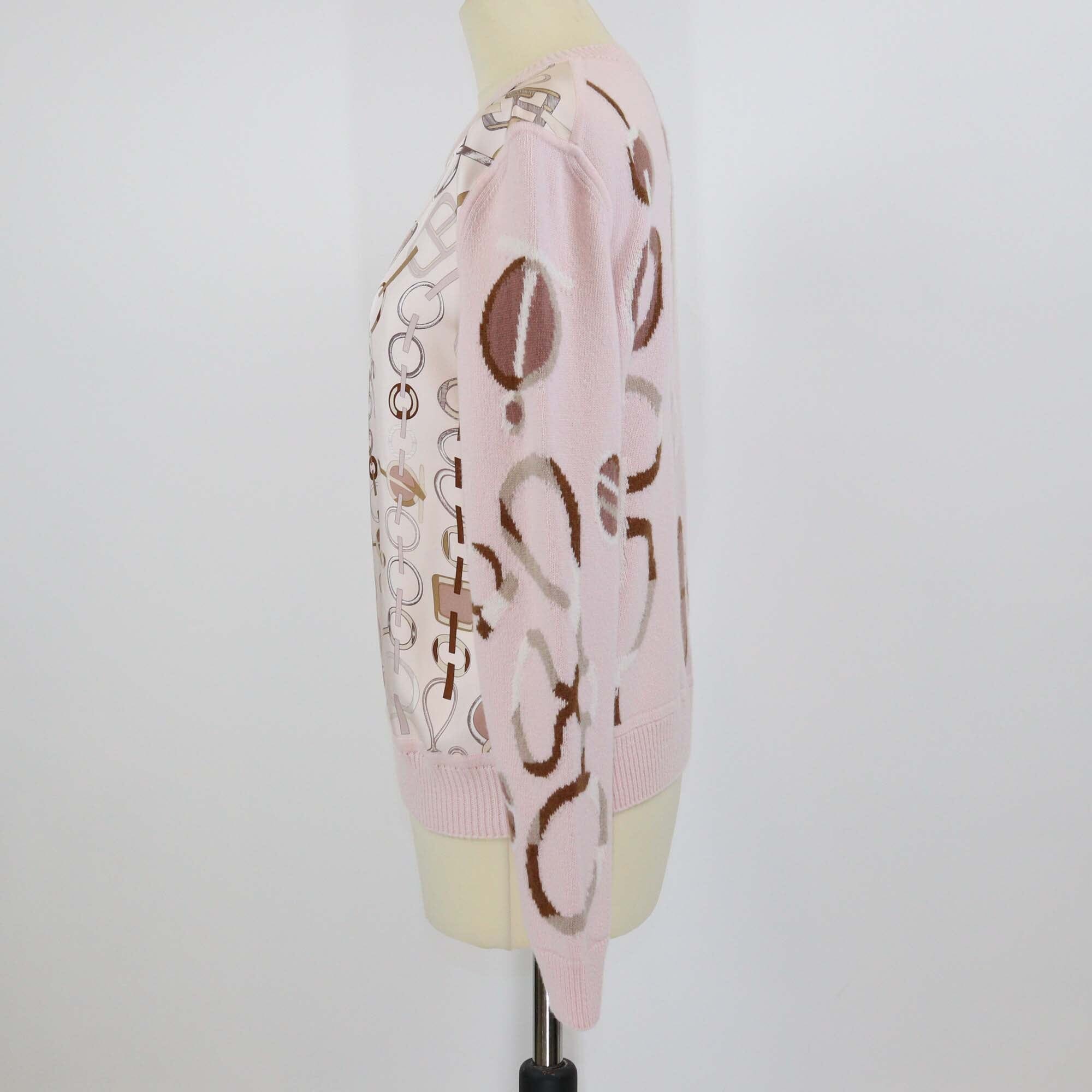 Hermes Pink Silk and Cashmere Knit Do Re Boucles Print Crewneck Sweatshirt Womens Hermes 
