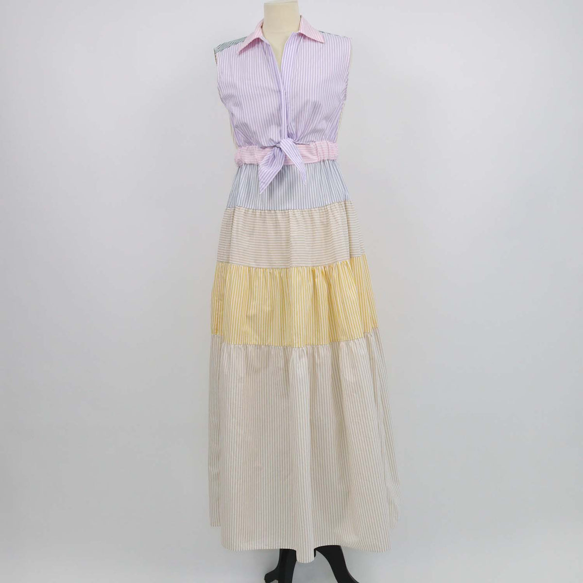 Sandro Multicolor Cotton Striped Tiered Poplin Maxi Shirt Dress