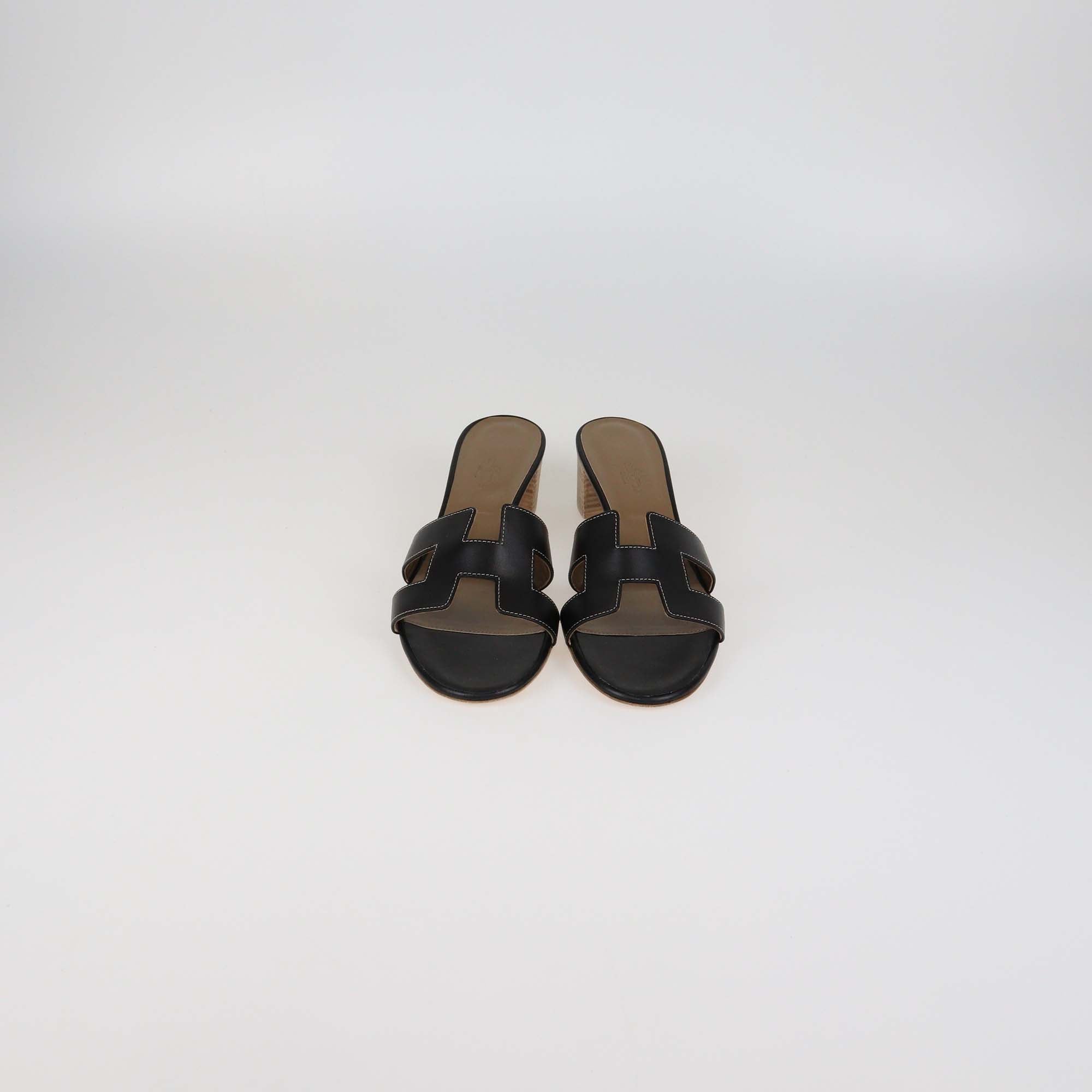 Hermes Black Leather Oasis Sandals