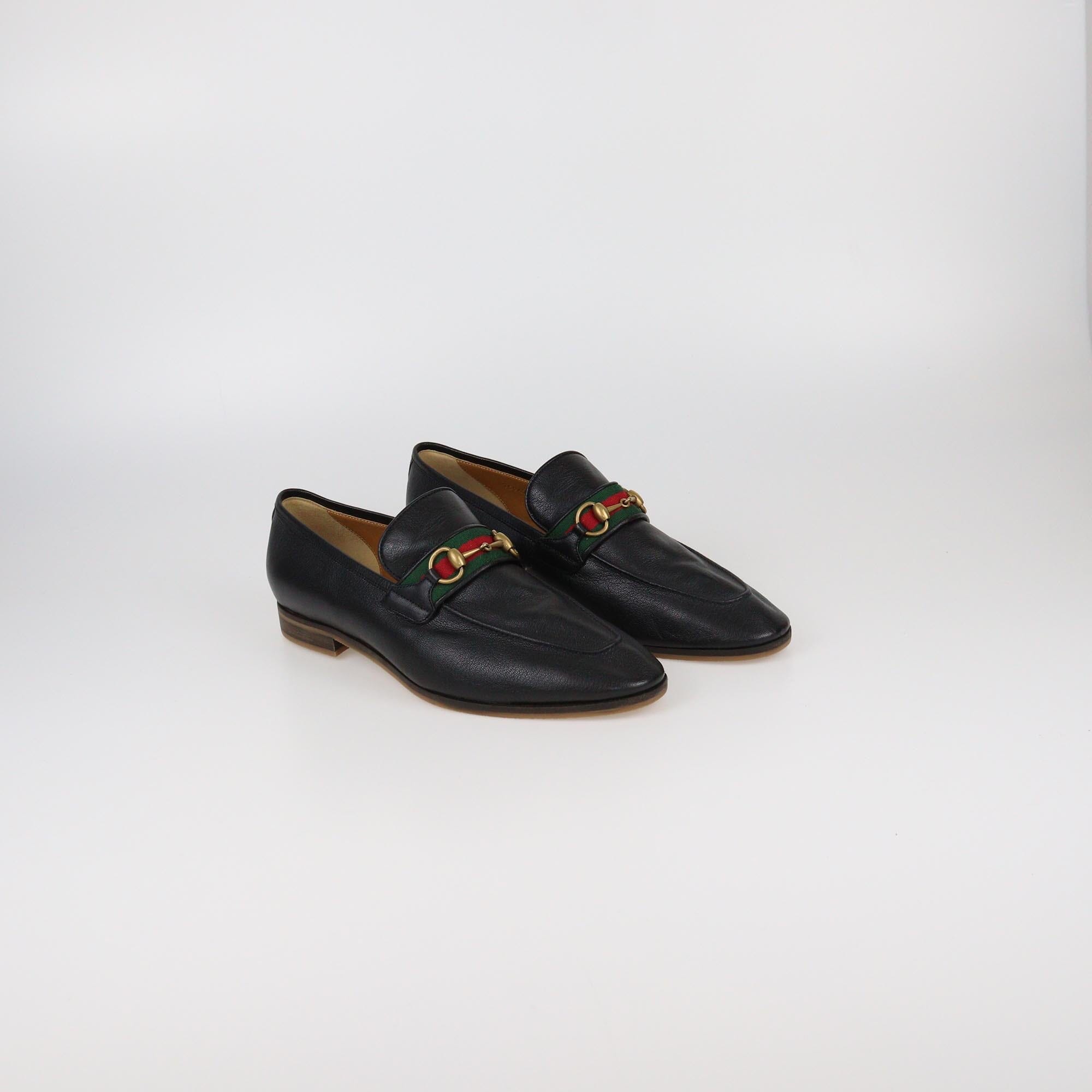 Gucci Black Horsebit Web Detail Slip On Loafers Womens Gucci 