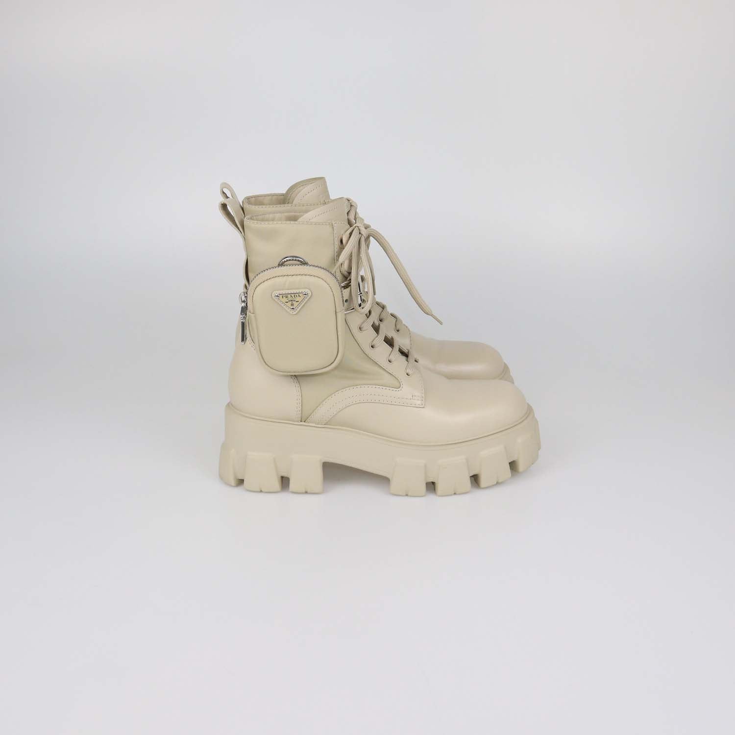 Prada Beige Leather and Nylon Monolith Combat Boots