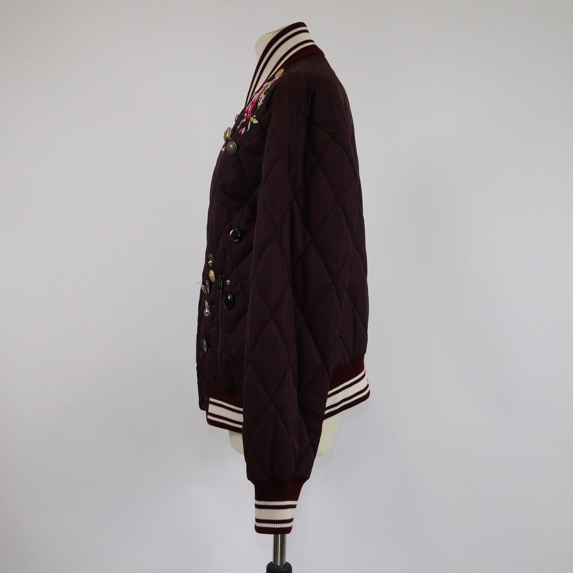 Dolce & Gabbana Maroon Quilted Embroidered Button Studded Bomber Jacket Womens Dolce & Gabbana 