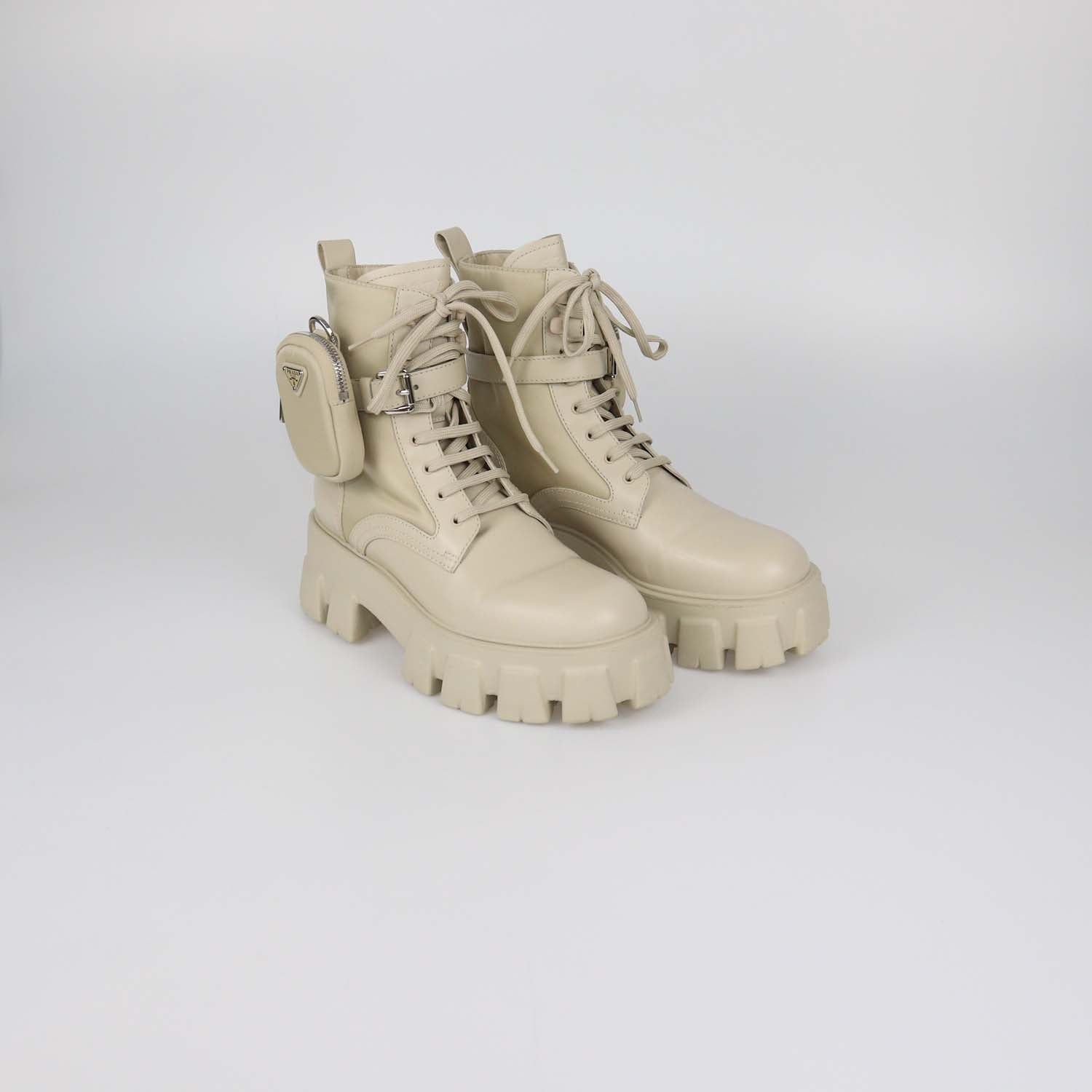Prada Beige Leather and Nylon Monolith Combat Boots