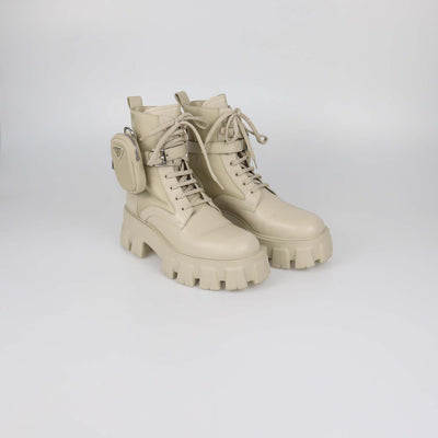 Prada Beige Leather and Nylon Monolith Combat Boots
