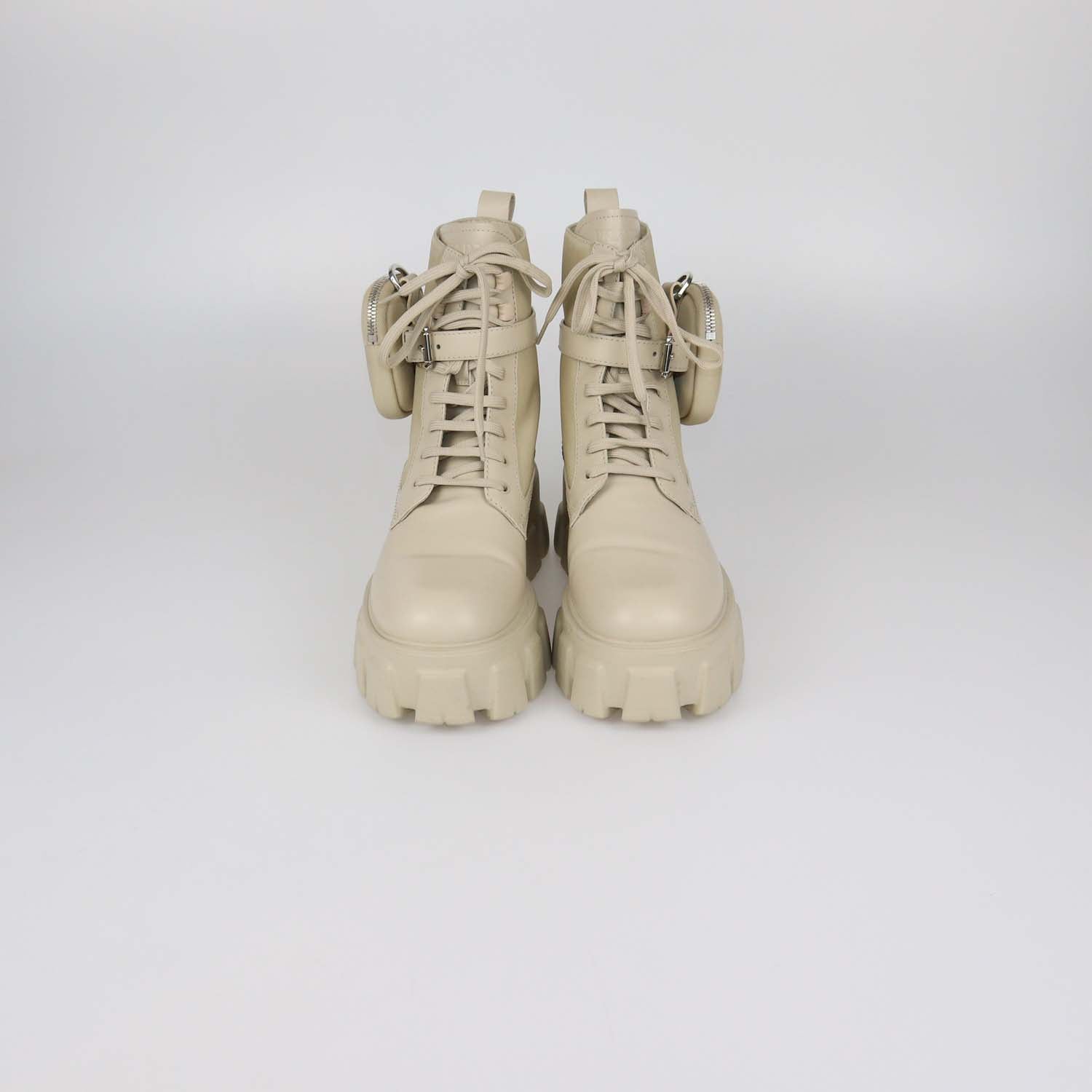 Prada Beige Leather and Nylon Monolith Combat Boots