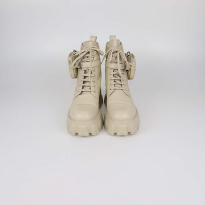 Prada Beige Leather and Nylon Monolith Combat Boots