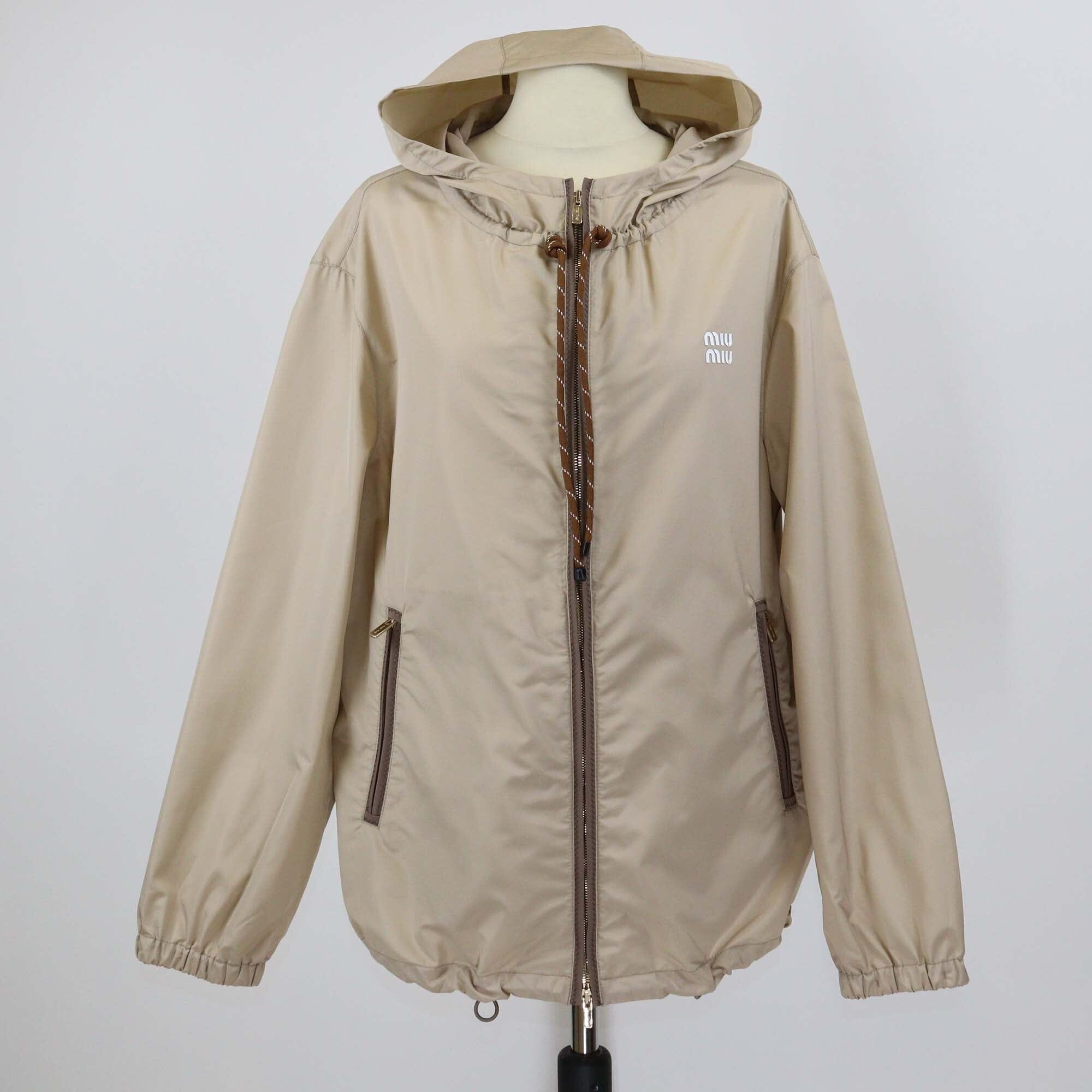 Miu Miu Beige Technical Fabric Logo Embroidered Blouson Hoodie Jacket Womens Miu Miu 