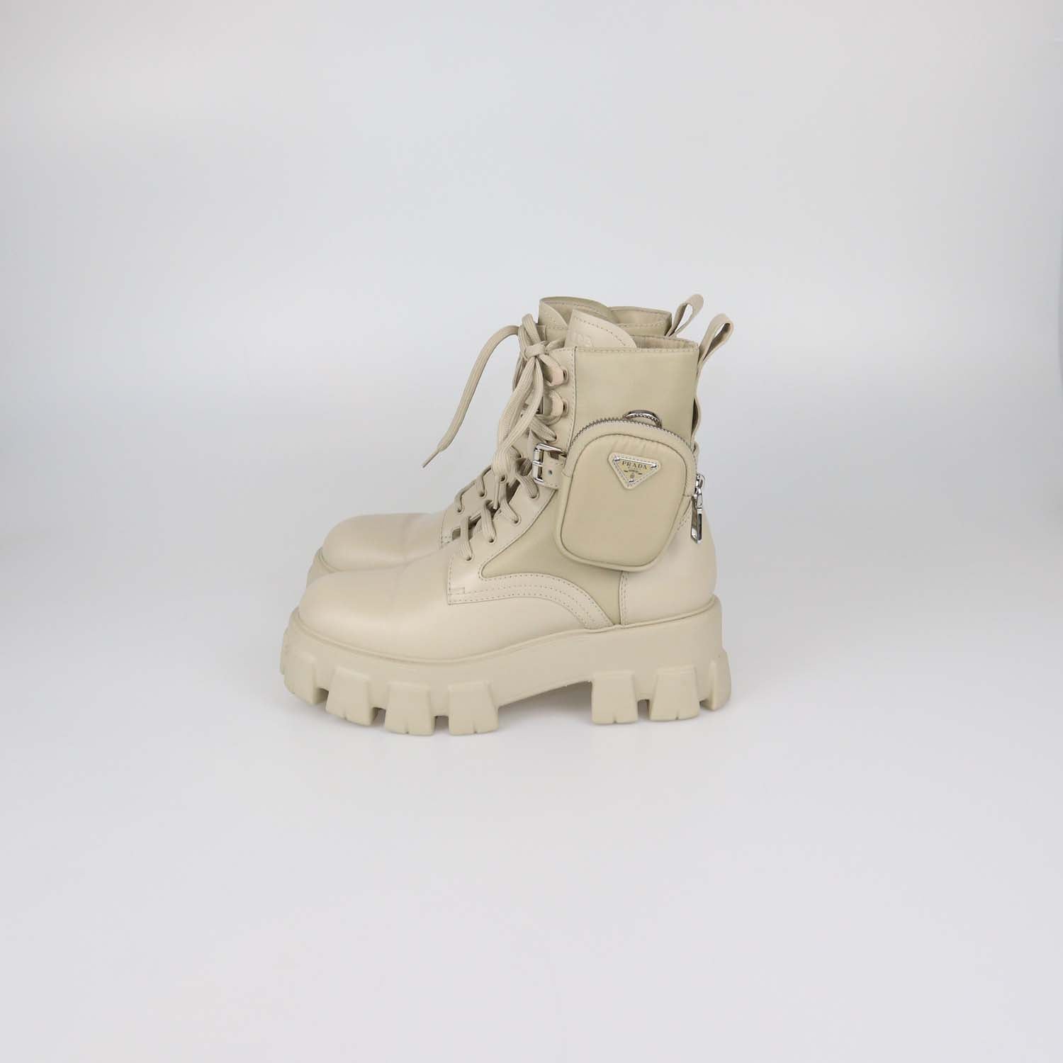 Prada Beige Leather and Nylon Monolith Combat Boots