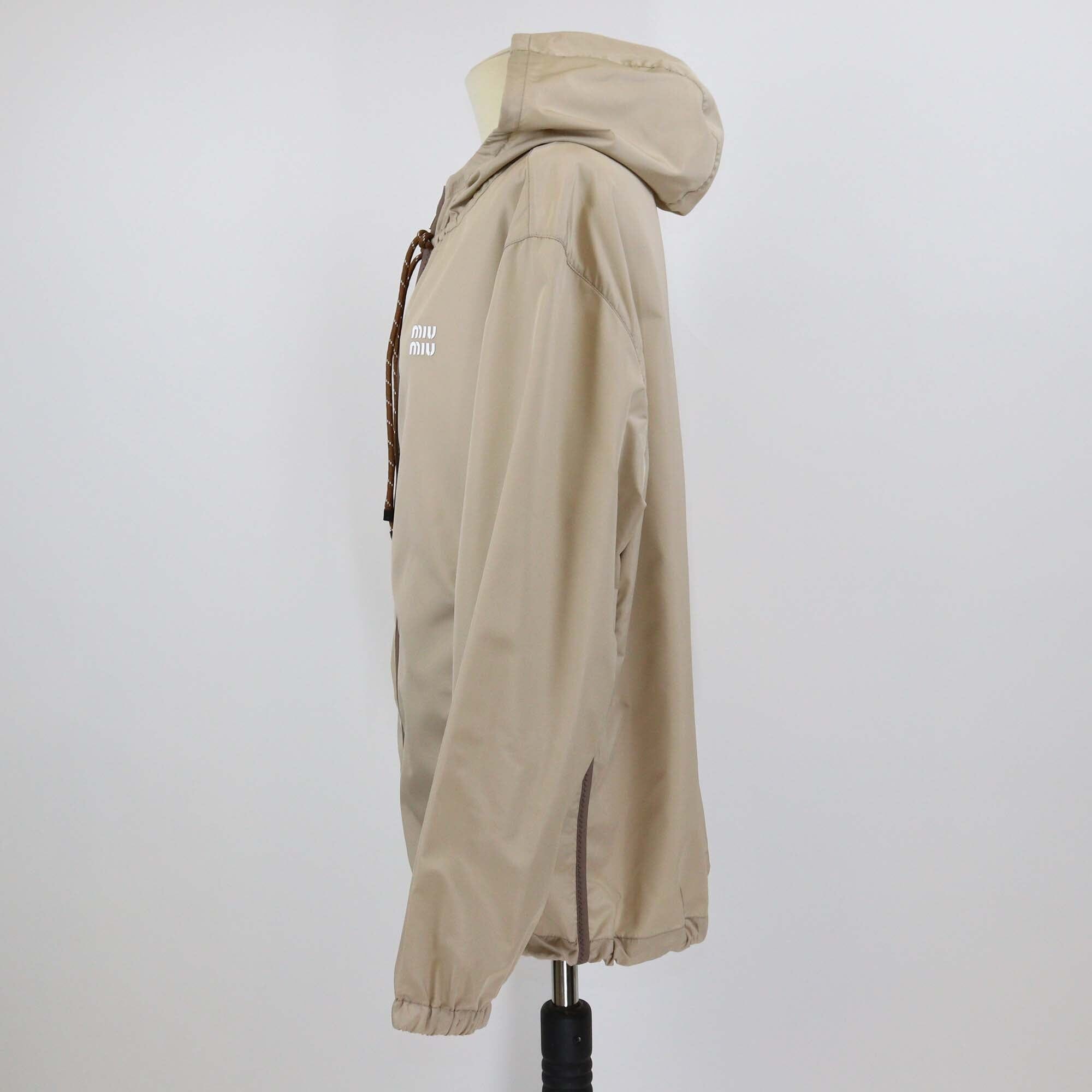 Miu Miu Beige Technical Fabric Logo Embroidered Blouson Hoodie Jacket Womens Miu Miu 