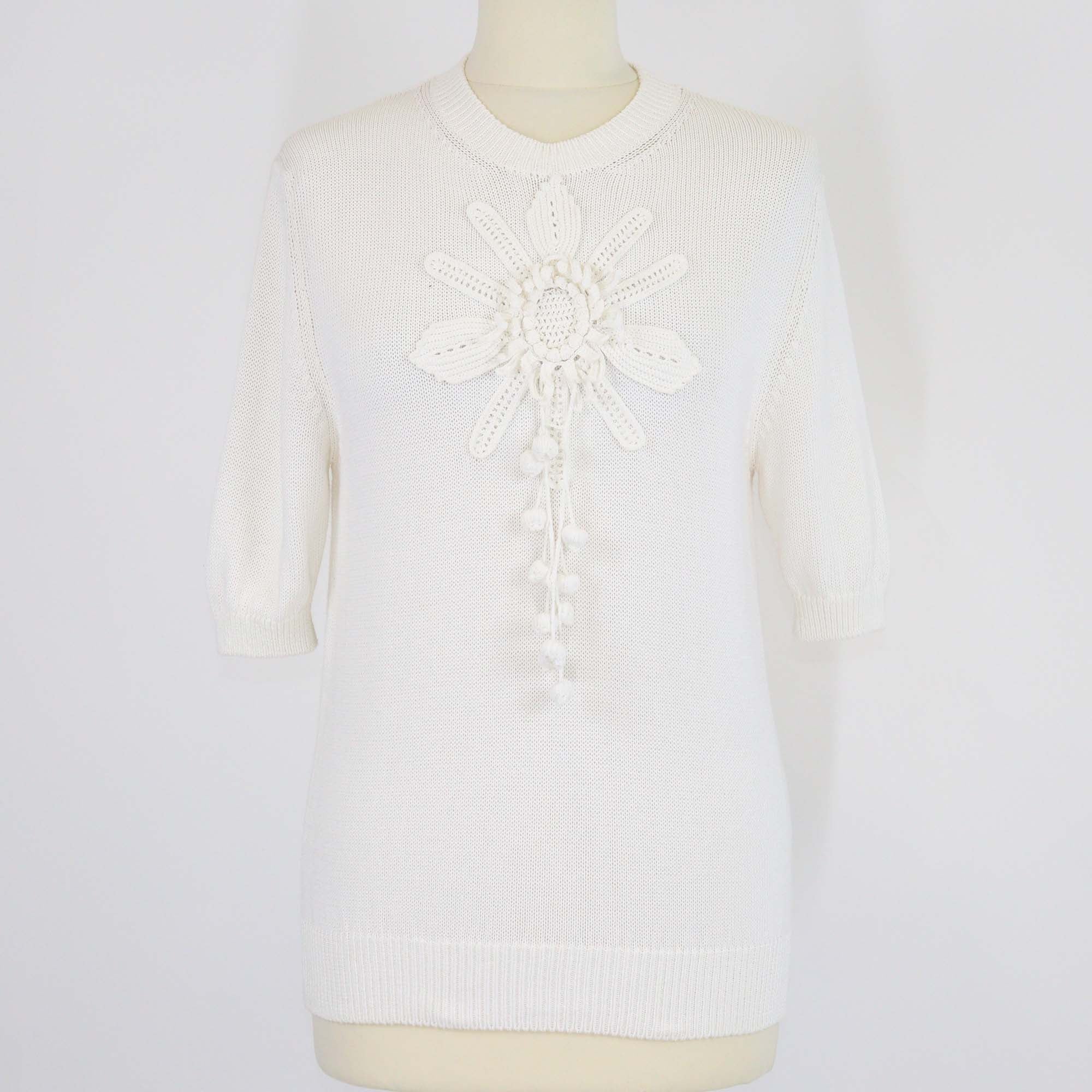 Loewe Off White Cotton Blend Knitted Crew Neck Short Sleeve Top