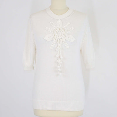 Loewe Off White Cotton Blend Knitted Crew Neck Short Sleeve Top