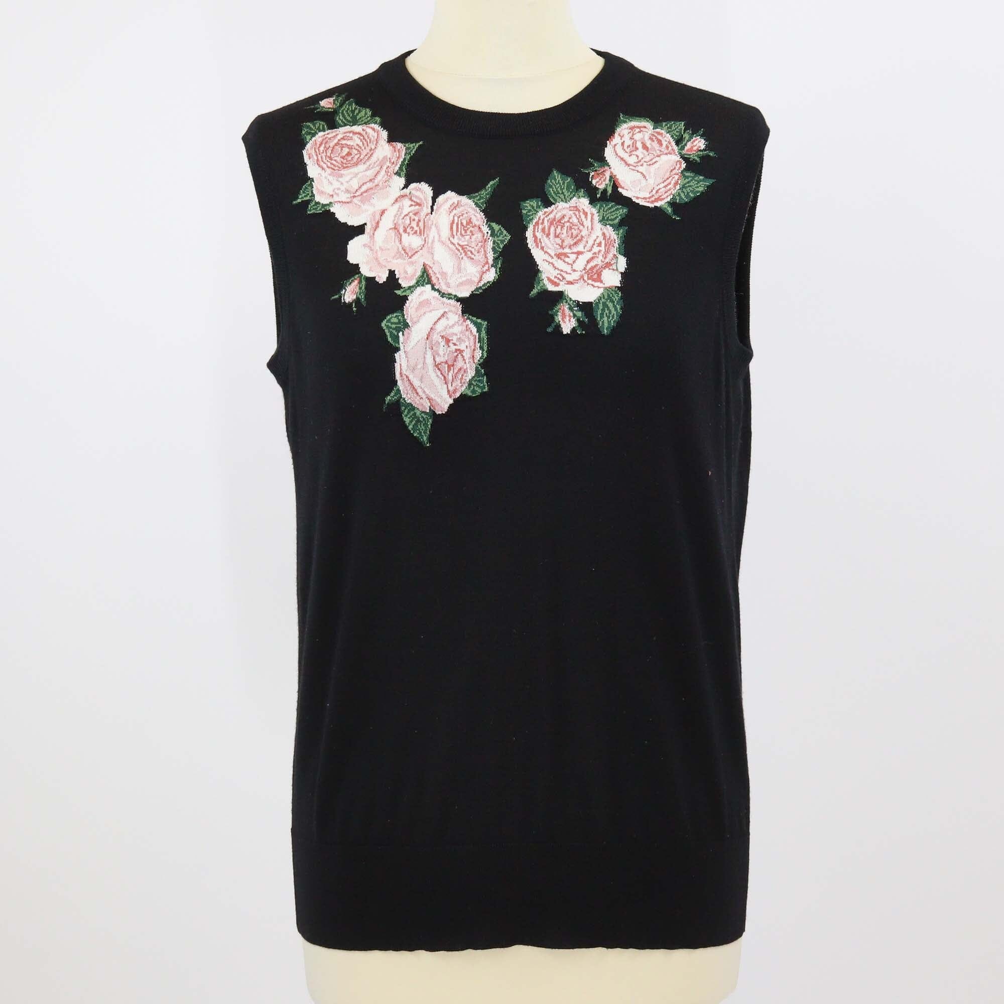 Dolce & Gabbana Black Floral Print Wool Blended Knit Embroidered Sleeveless Top Womens Dolce & Gabbana 