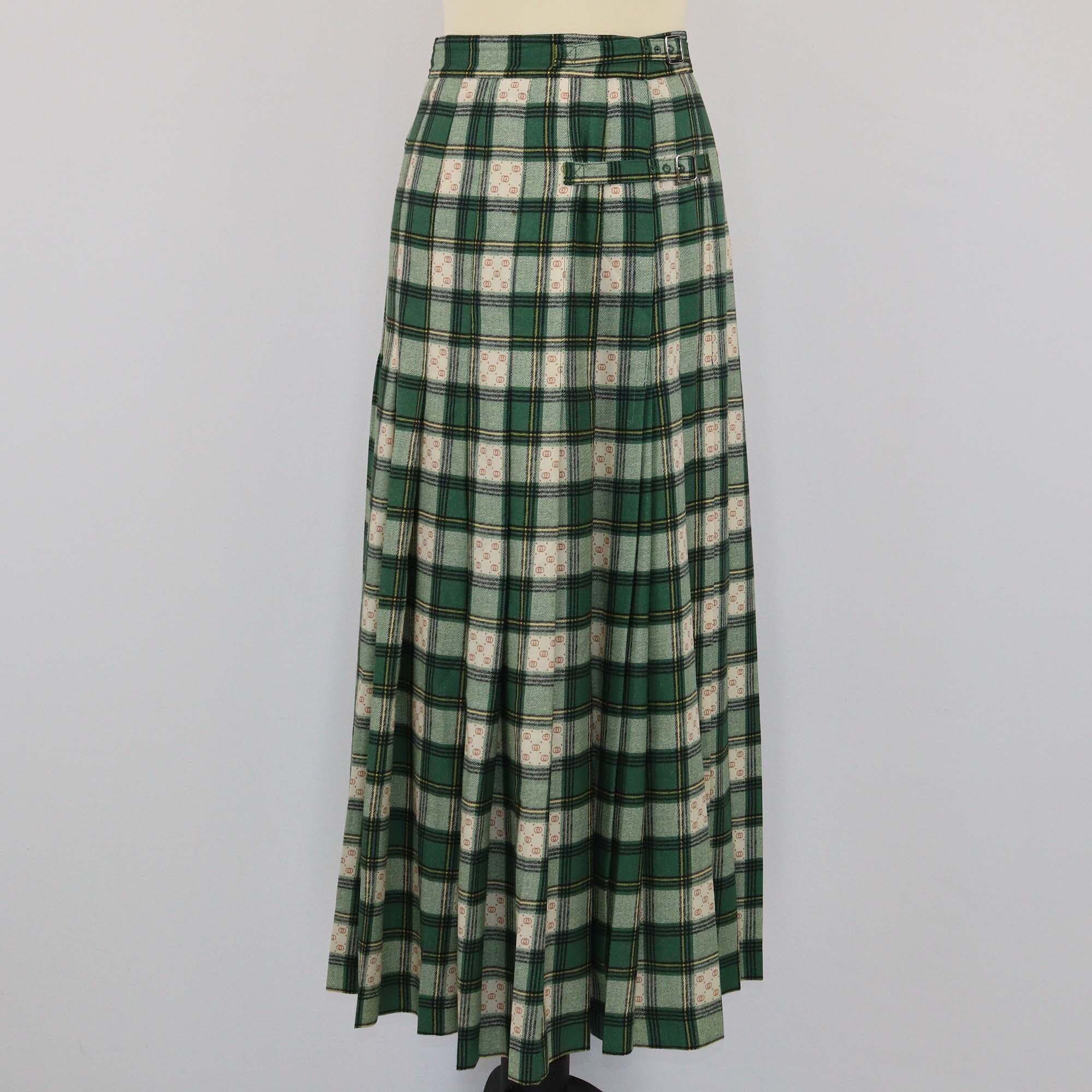 Gucci Green Tartan Check Twill Pleated Maxi Skirt