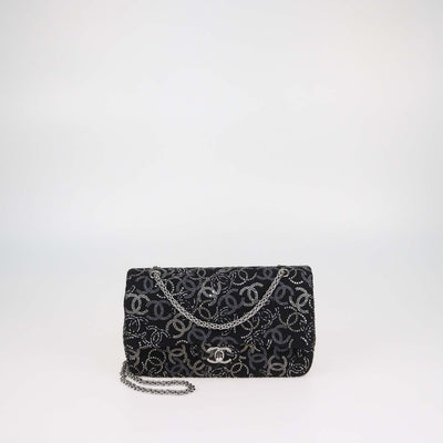 Chanel Black Tweed Crystal Paris-Shanghai Medium Classic Double Flap Bag