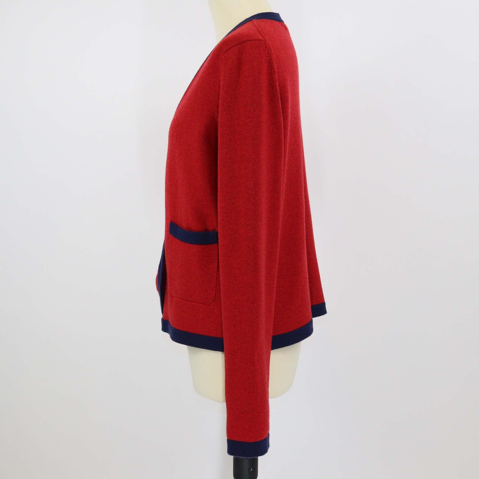Chanel Red/Navy Blue Cashmere Knit Long Sleeve CC Buttons Cardigan Womens Chanel 