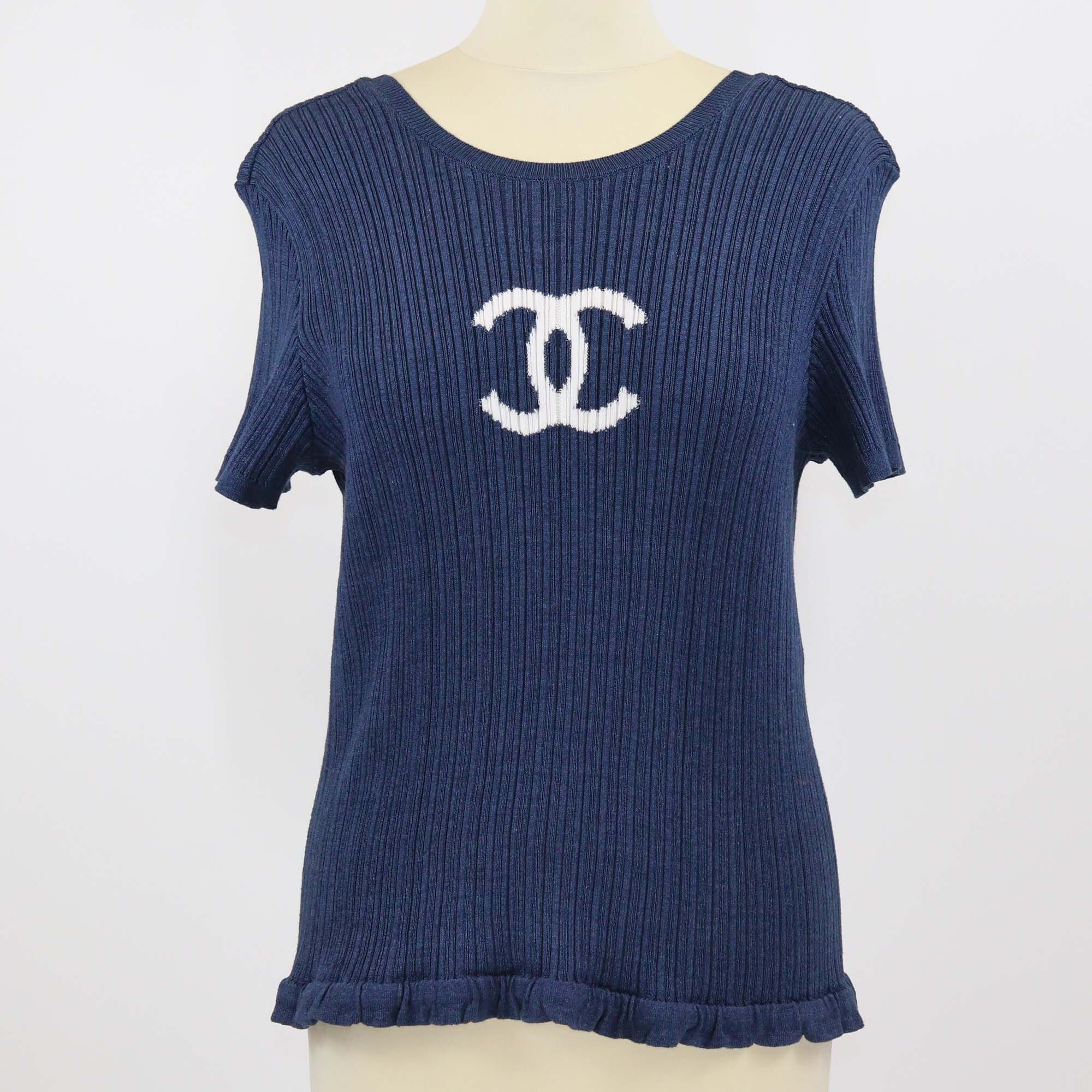 Chanel Blue Cotton Knit Short Sleeve Top Womens Chanel 