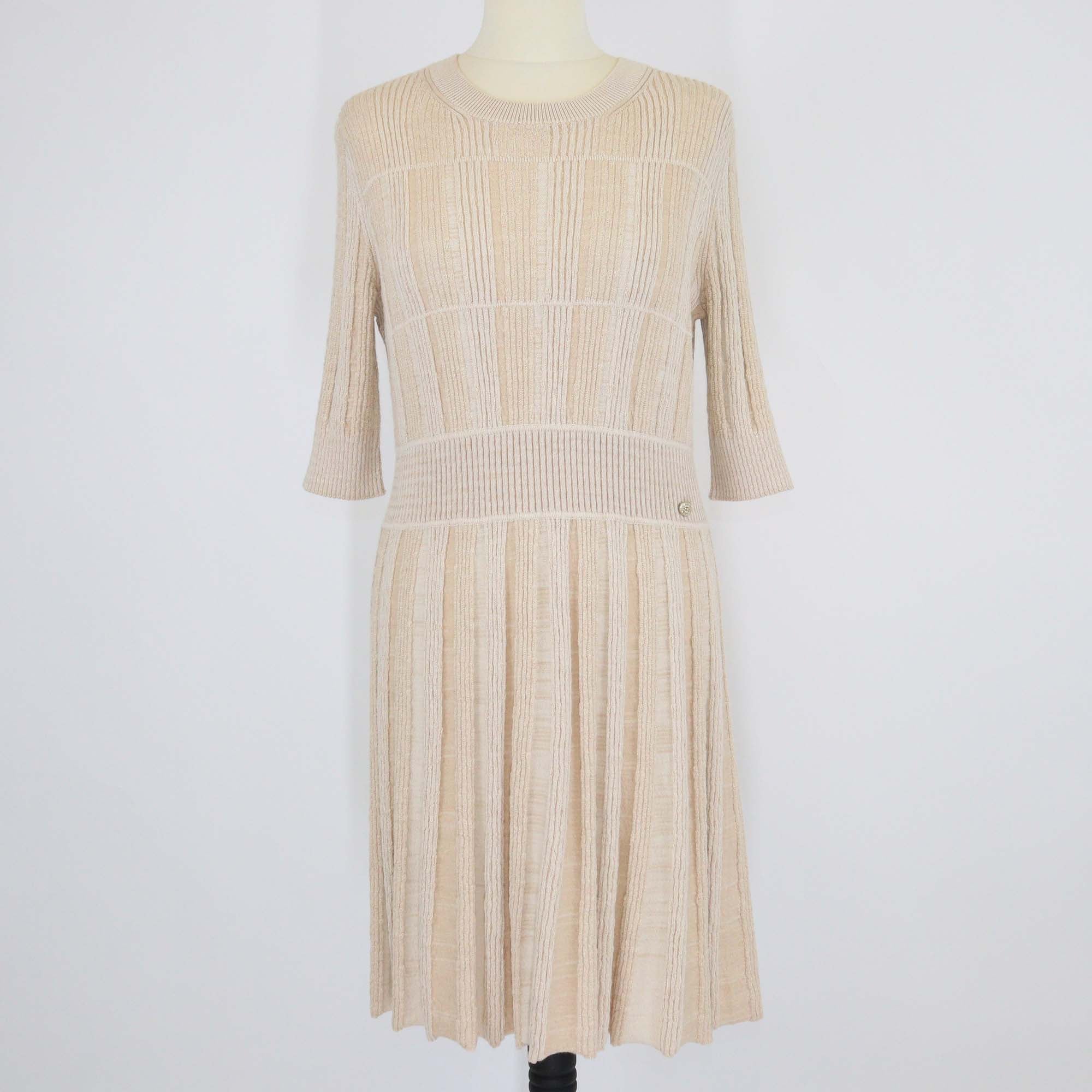 Chanel Beige Wool Blend Knit Crew Neck Mini Dress