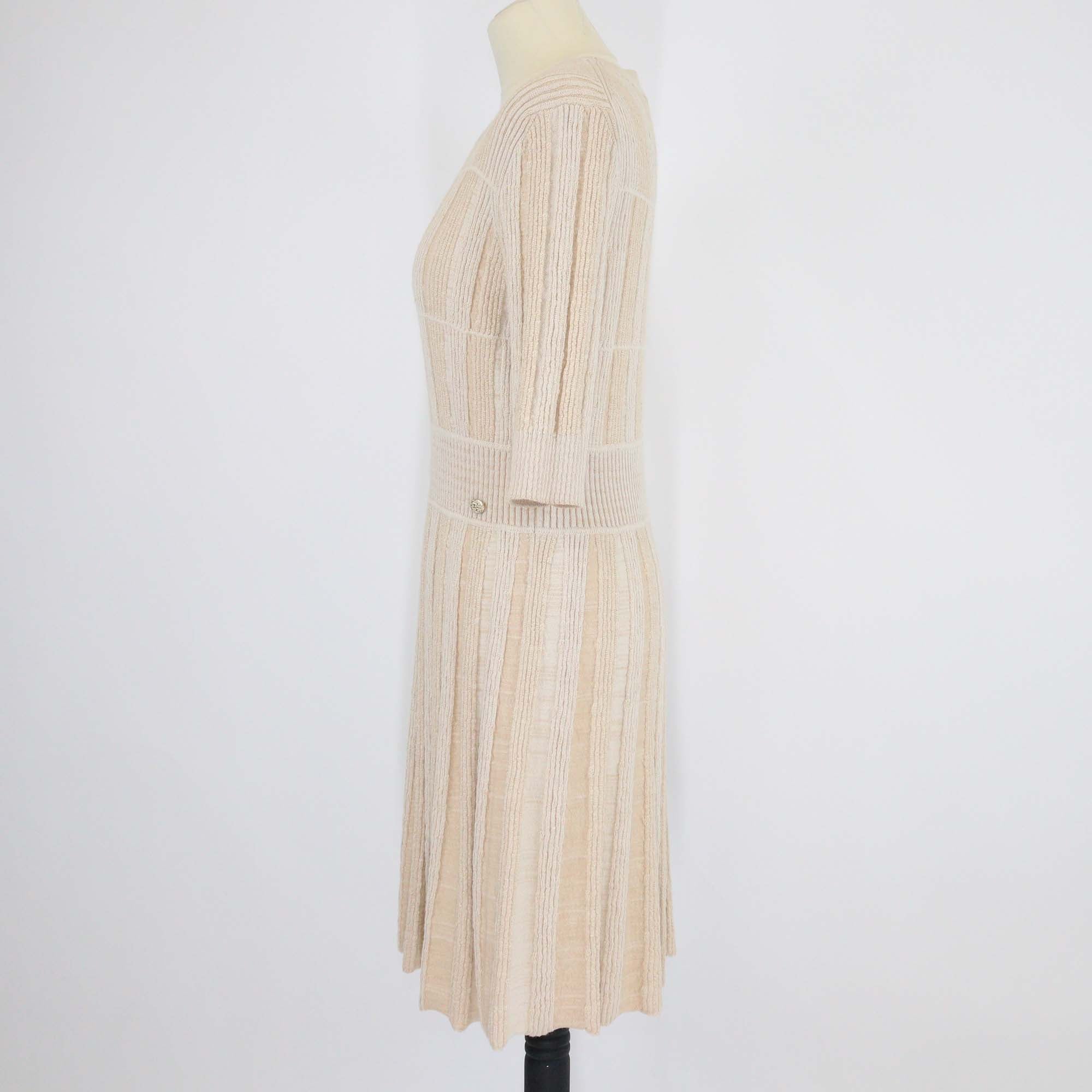 Chanel Beige Wool Blend Knit Crew Neck Mini Dress