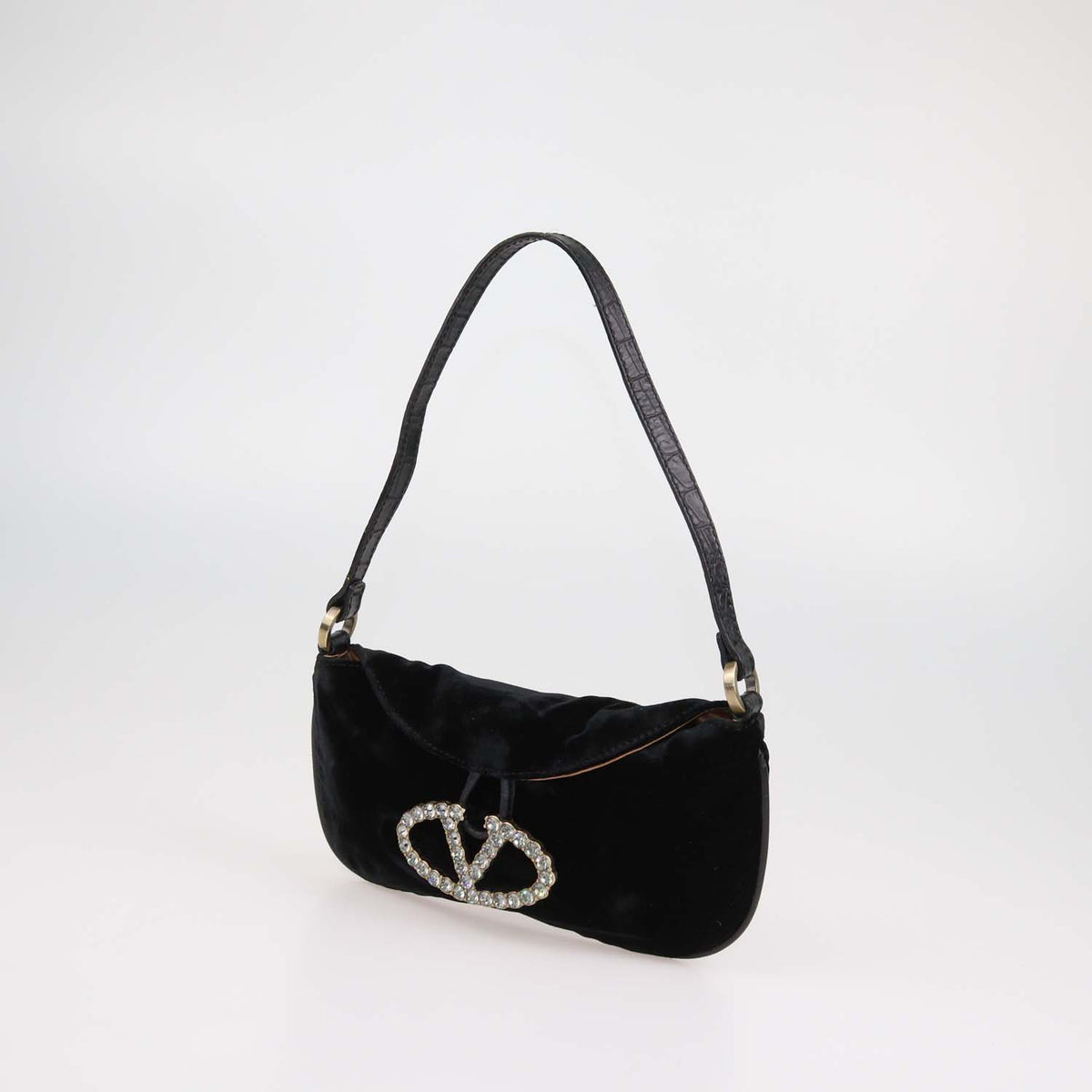 Valentino Black Velvet Crystal Catch Demi Bag