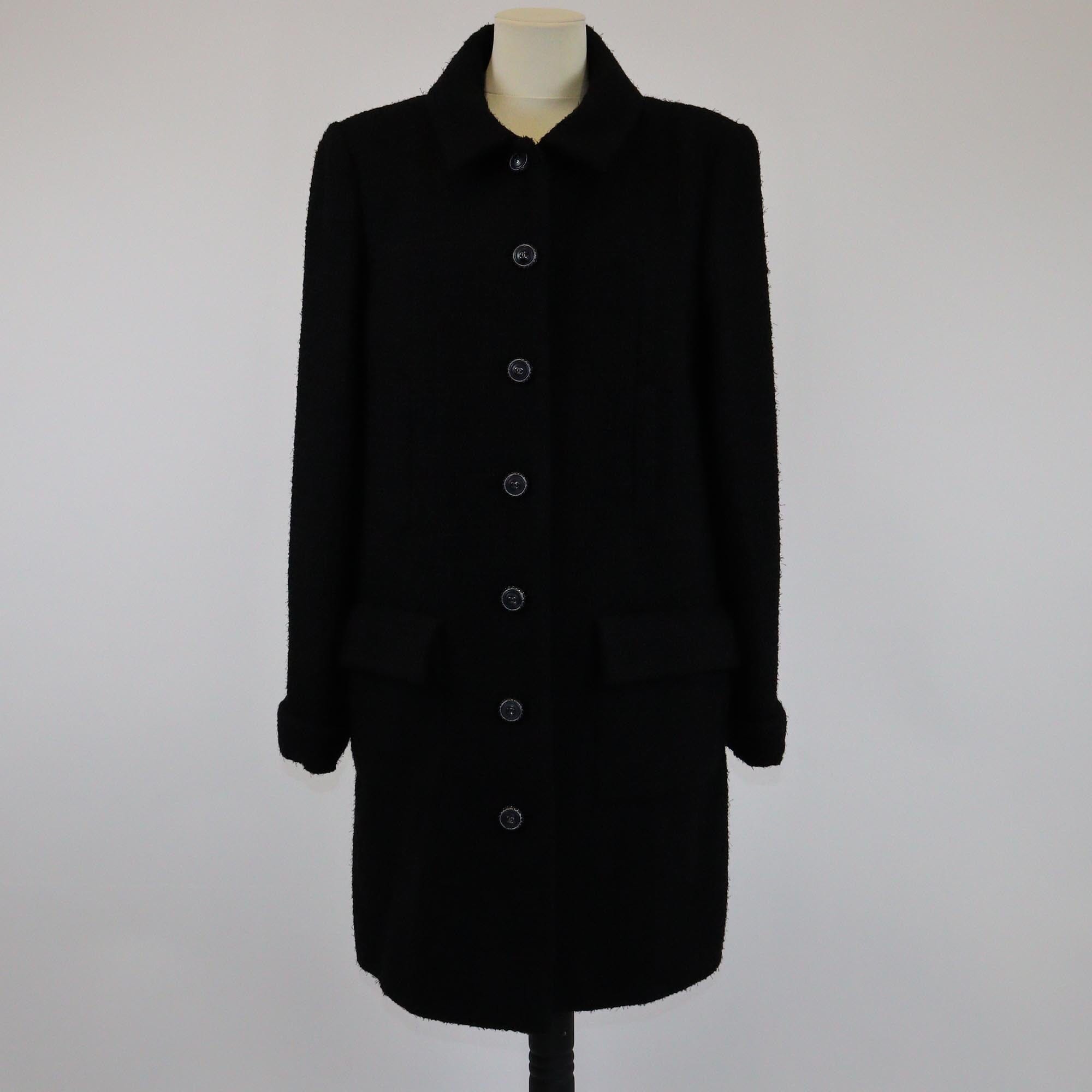 Chanel Black CC Button Collar Detailed Tweed Coat Womens Chanel 