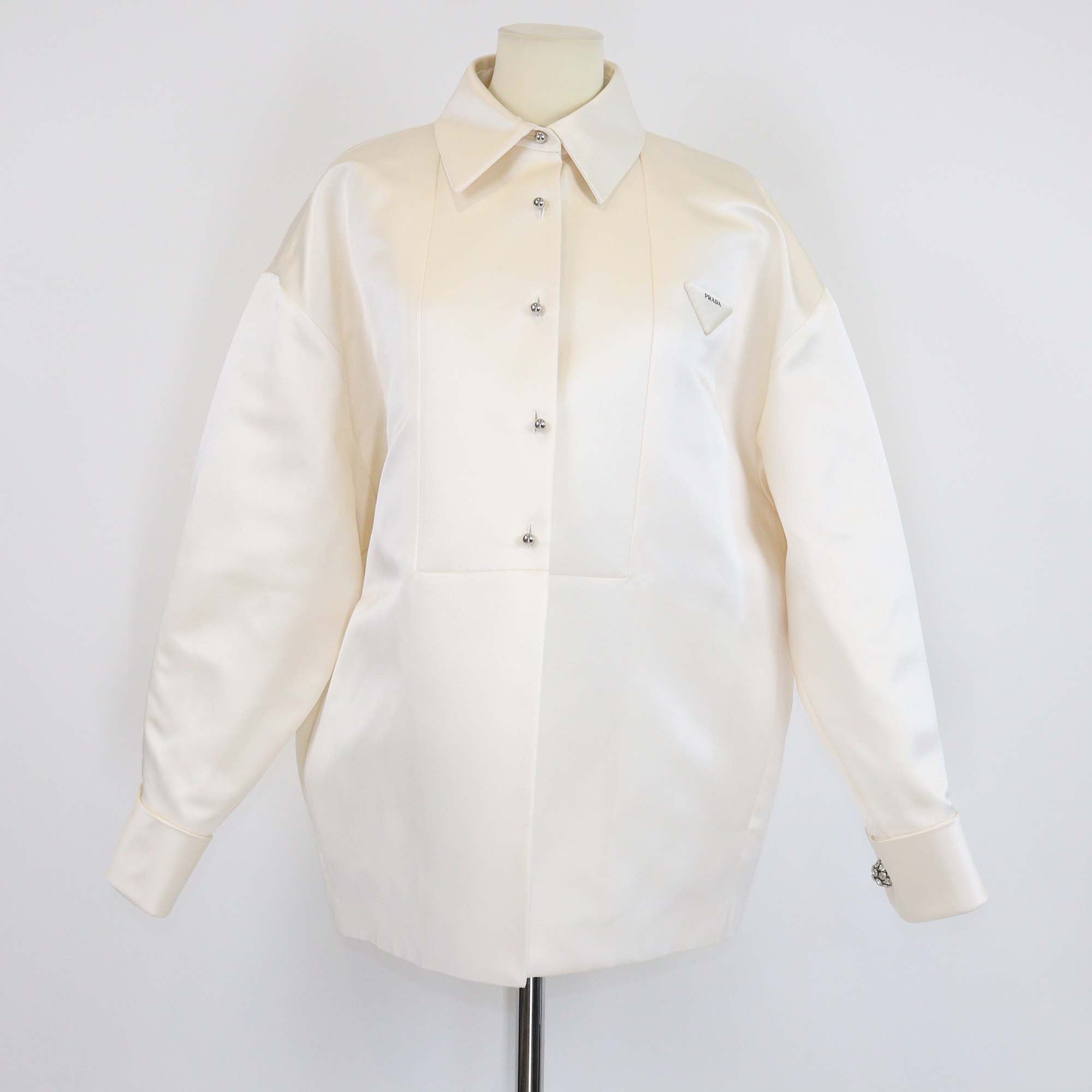 Prada Bianco Satin Crystal Button Double Shirt