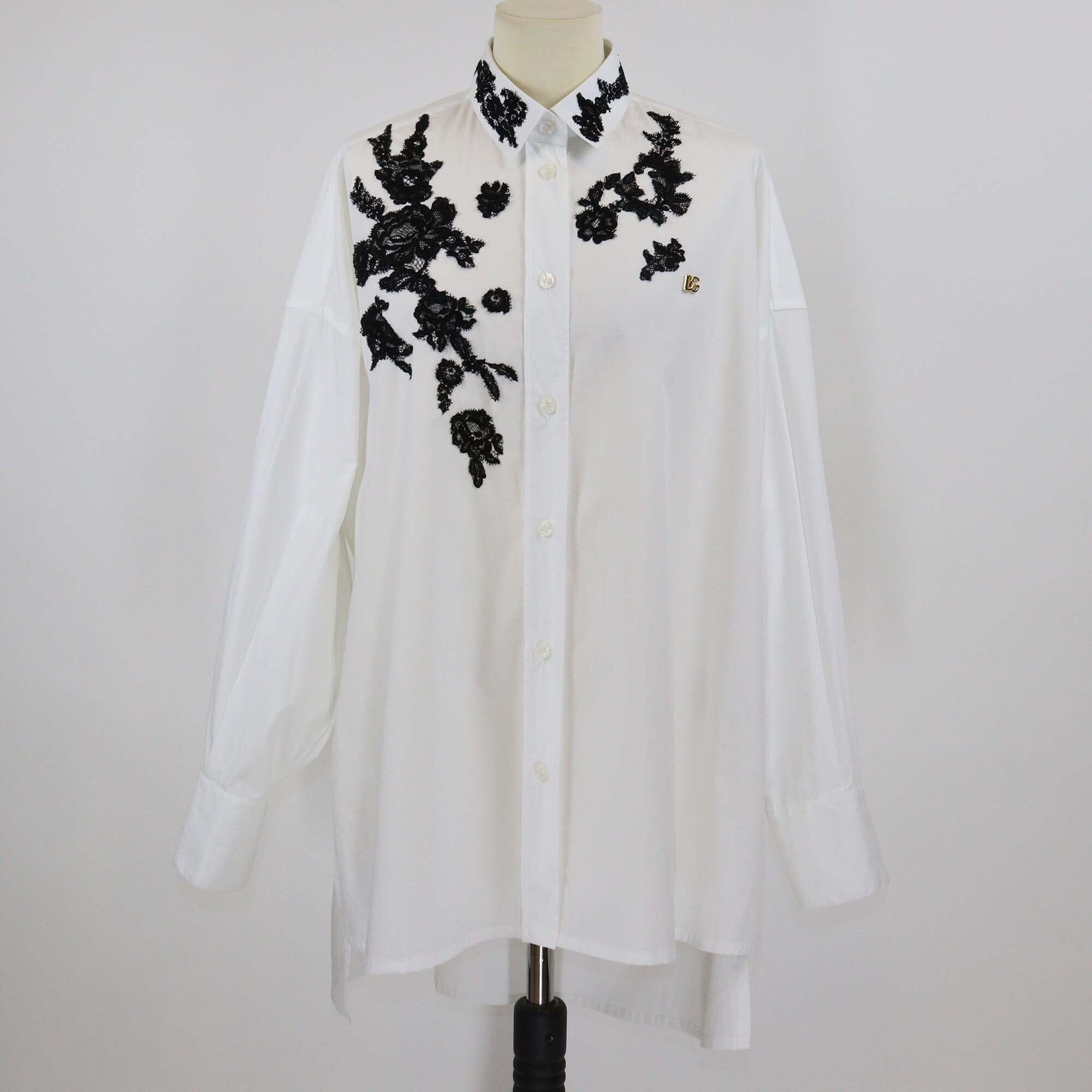 Dolce & Gabbana White/Black Oversize Cotton and Lace Appliqué Poplin Long Sleeve Shirt Womens Dolce & Gabbana 