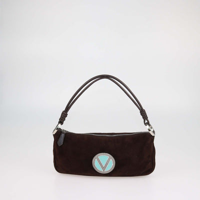 Valentino Dark Brown Suede V Crystal Signature Demi Bag