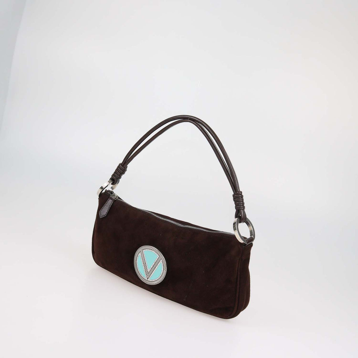 Valentino Dark Brown Suede V Crystal Signature Demi Bag